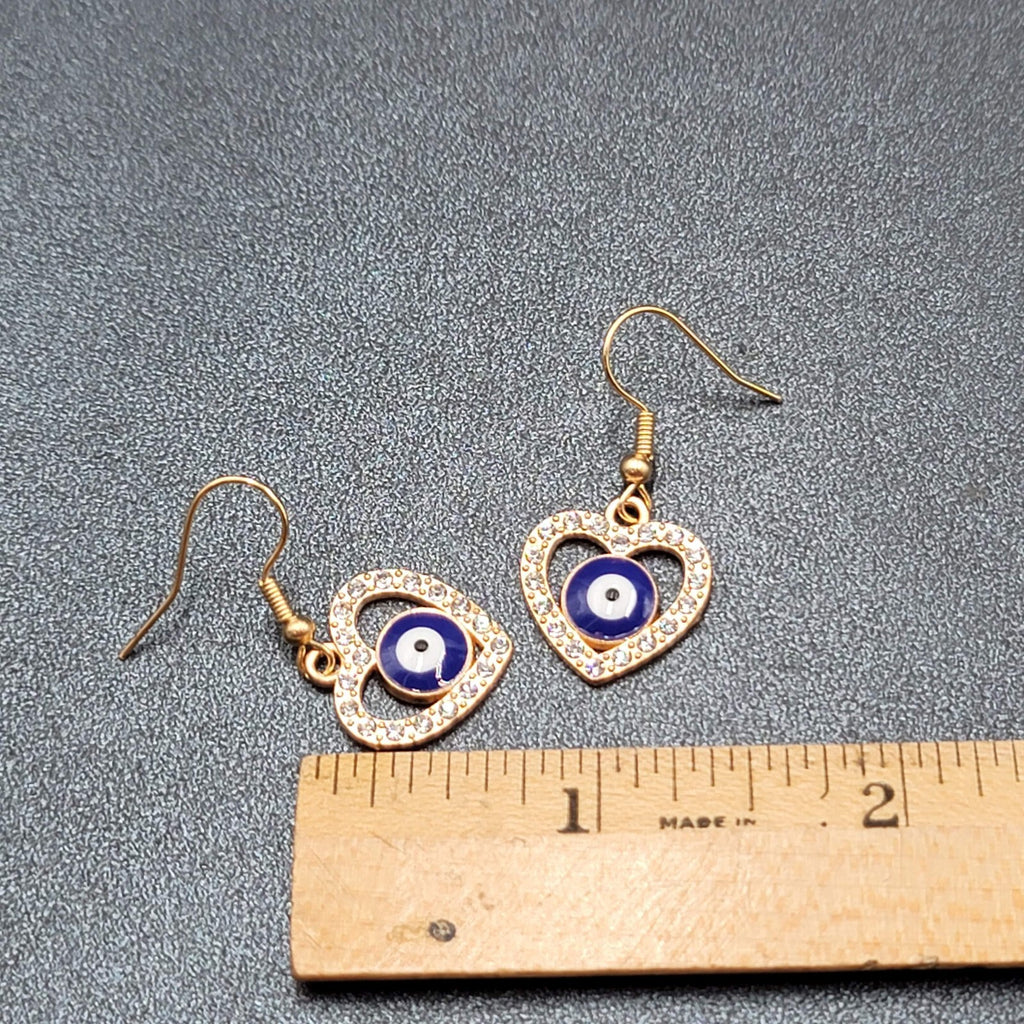 Pierced Earrings Gold tone Enamel Evil Eye Rhinestone Heart Dangle 3/4"