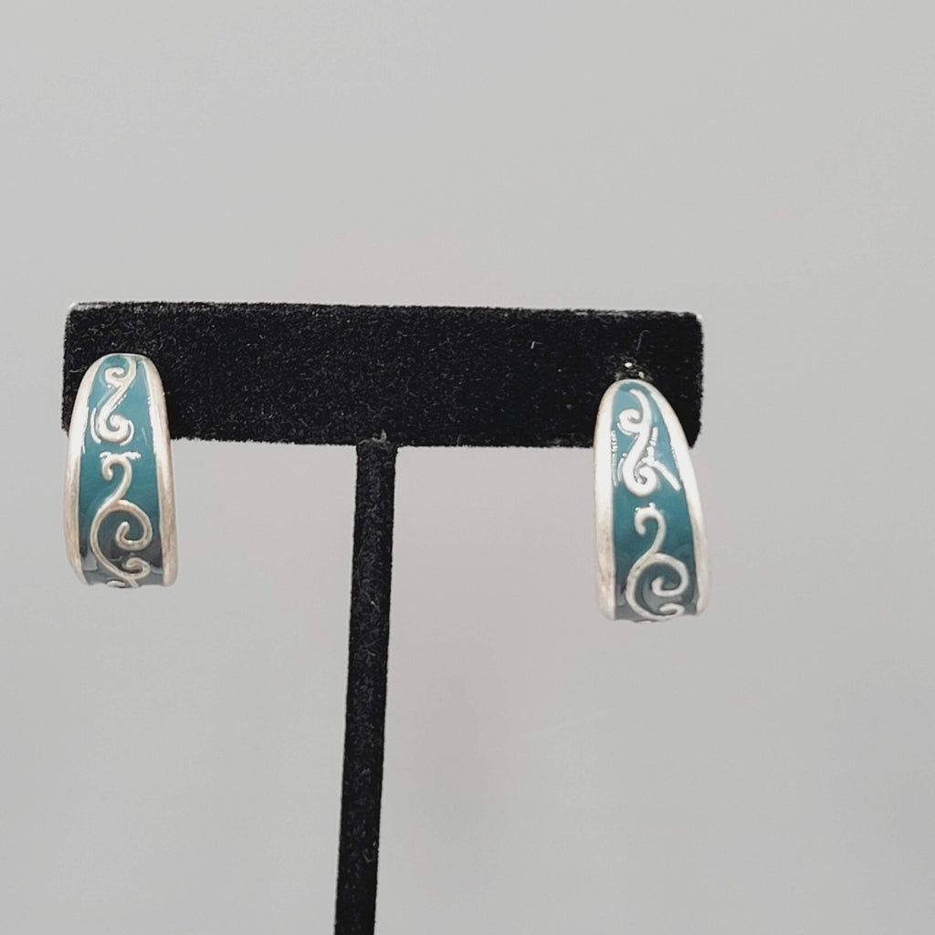 Vintage Silver tone Blue Enamel Hoops Pierced Earrings 7/8"