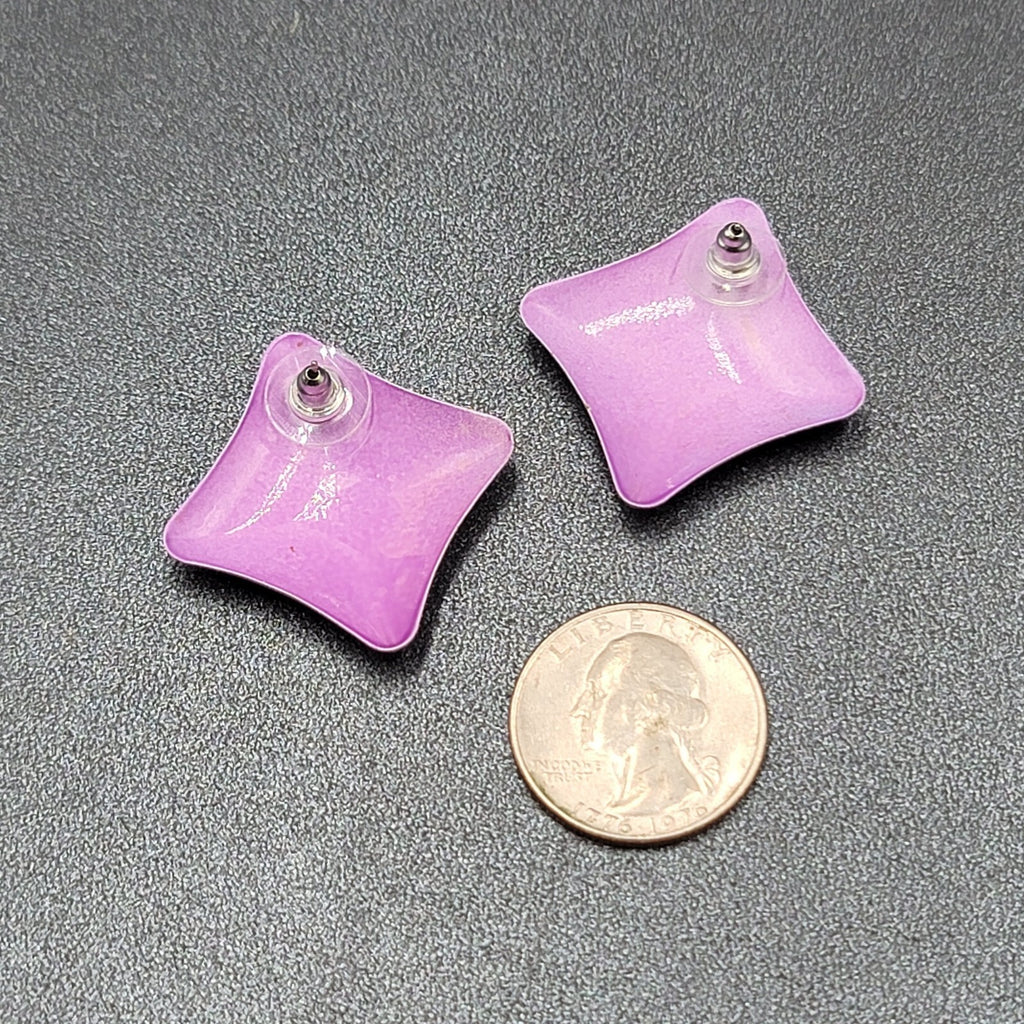 Vintage Pierced Earrings 80s Geometic Purple Enamel over Metal Drop 1 3/8"