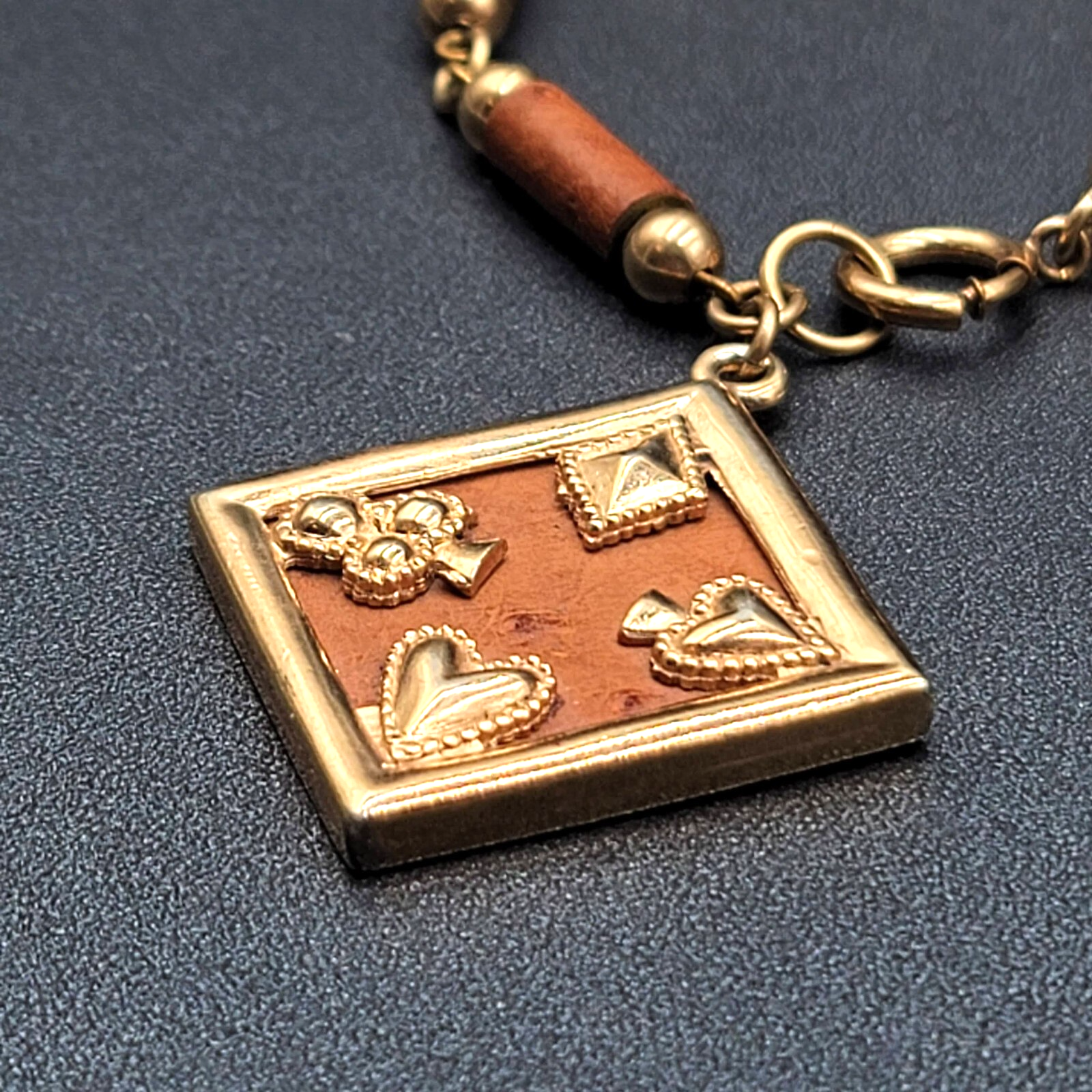 Vintage Bracelet Gold tone Brown Ostrich Leather Ace Clover Diamond Heart 7.5"