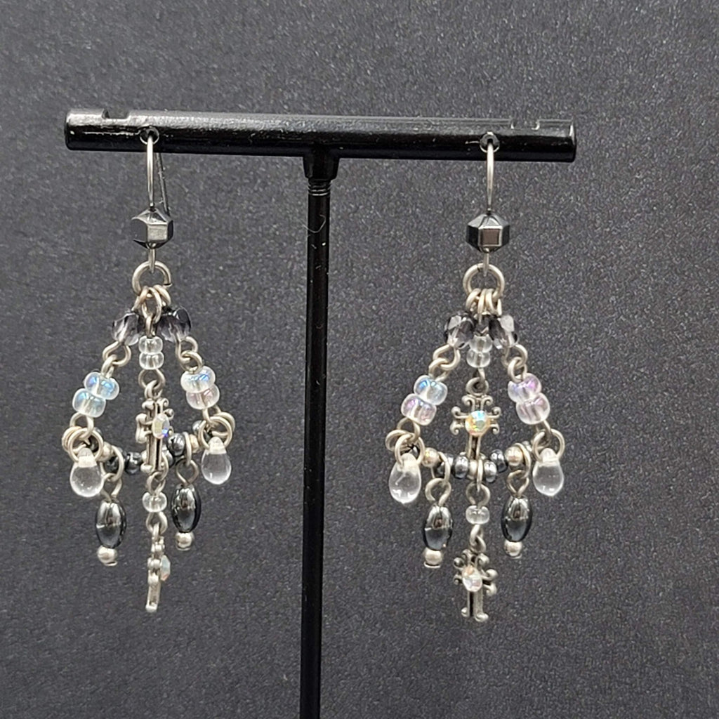 Pierced Earrings Silver tone Black Hematite AB Cross Chandelier Beads 1.75"