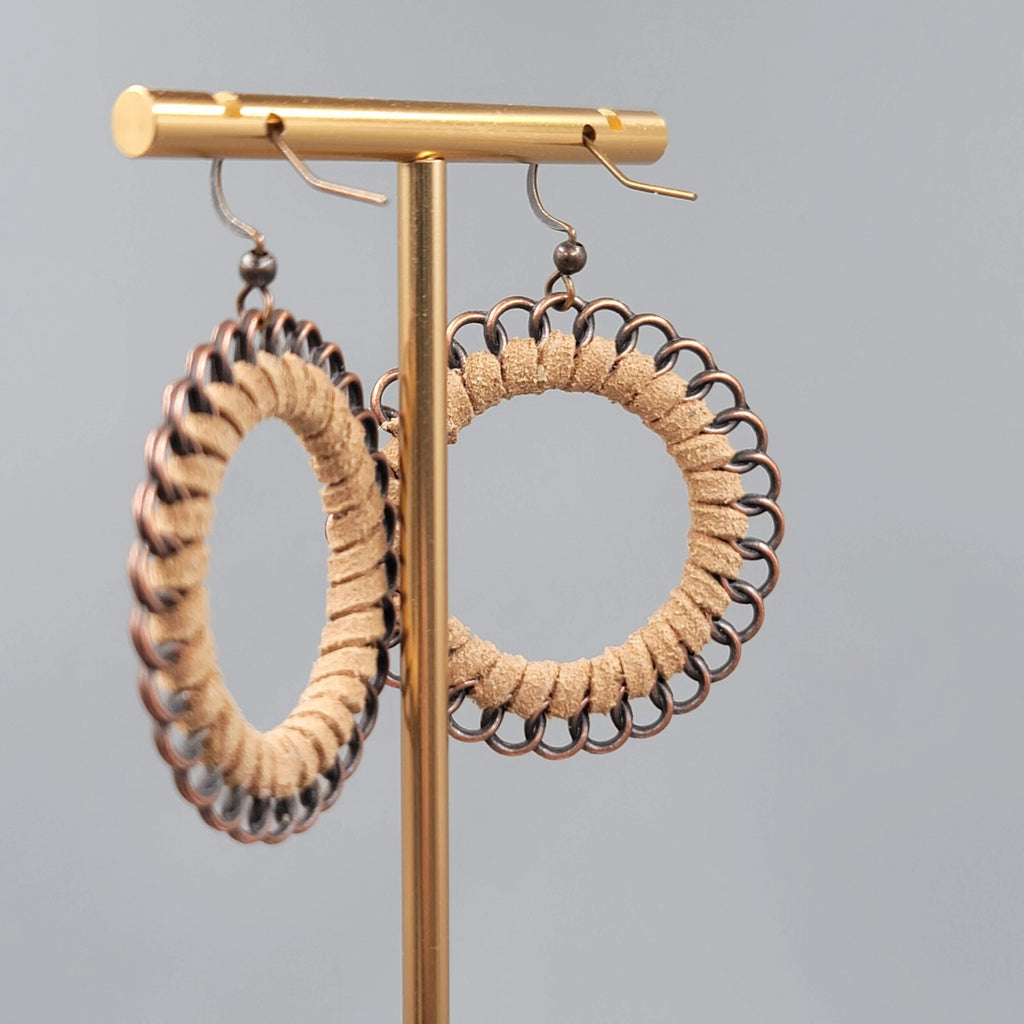 Pierced Earrings Bronze tone Dangle Faux Suede Leather Wrapped 1 5/8"