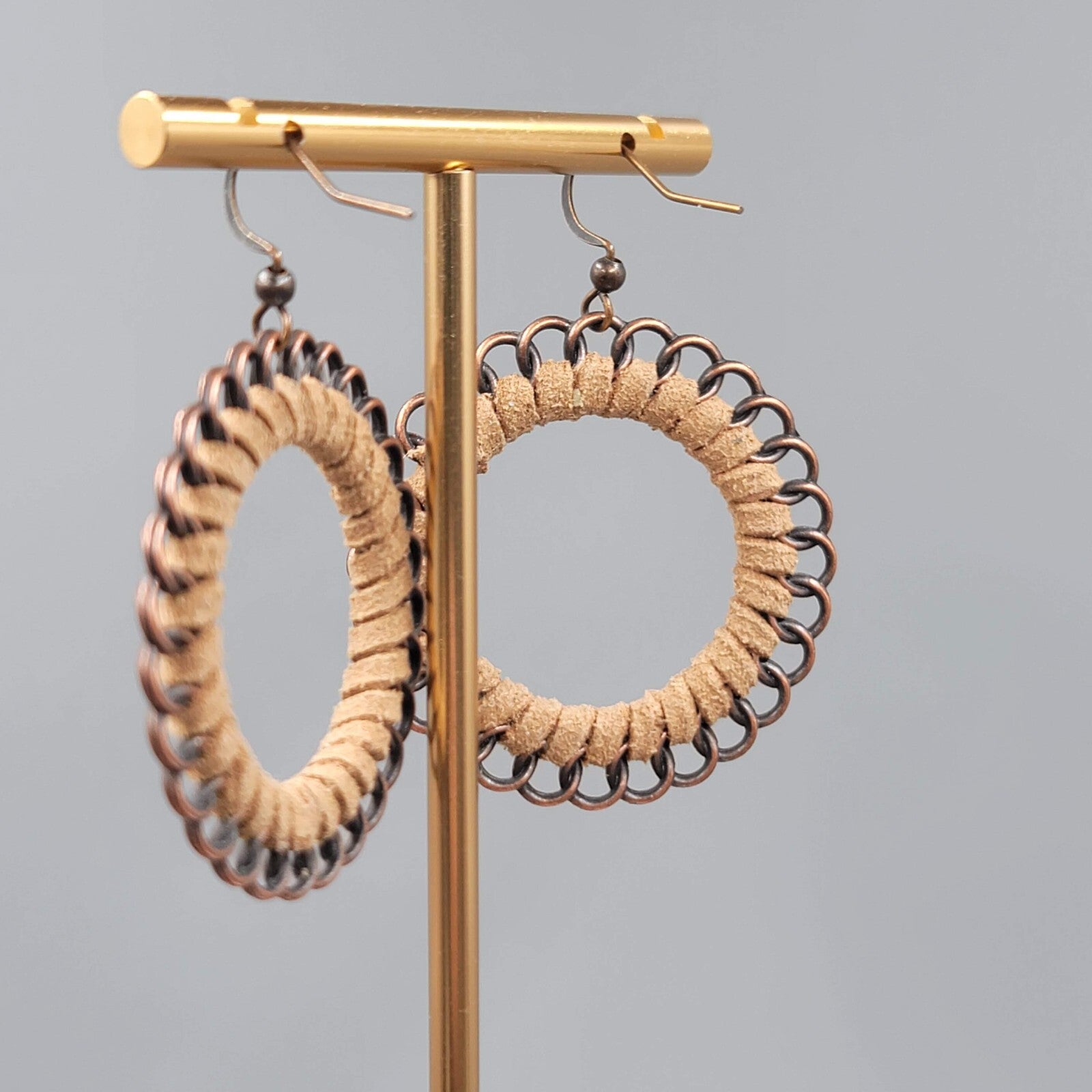 Pierced Earrings Bronze tone Dangle Faux Suede Leather Wrapped 1 5/8"