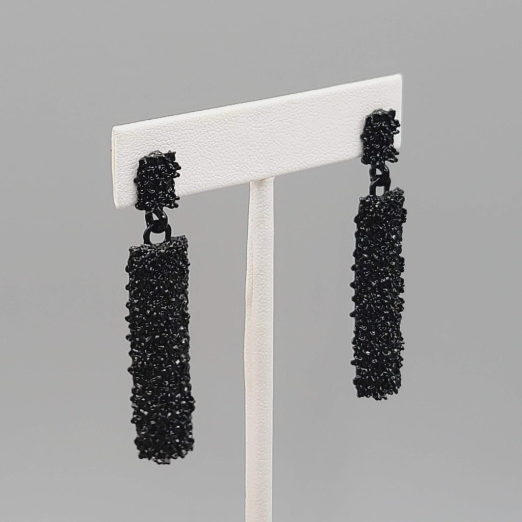 Pierced Earrings Black Enamel Rhinestone Dangle 2"