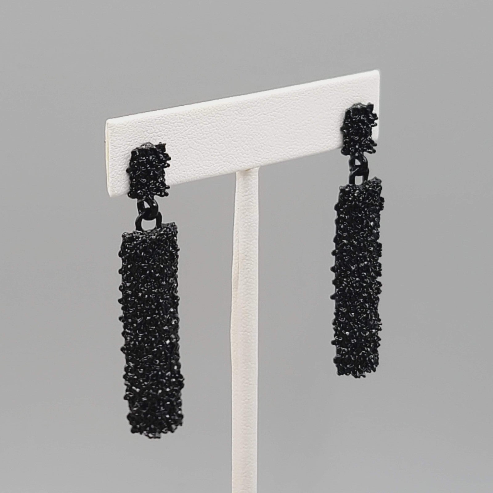 Pierced Earrings Black Enamel Rhinestone Dangle 2"