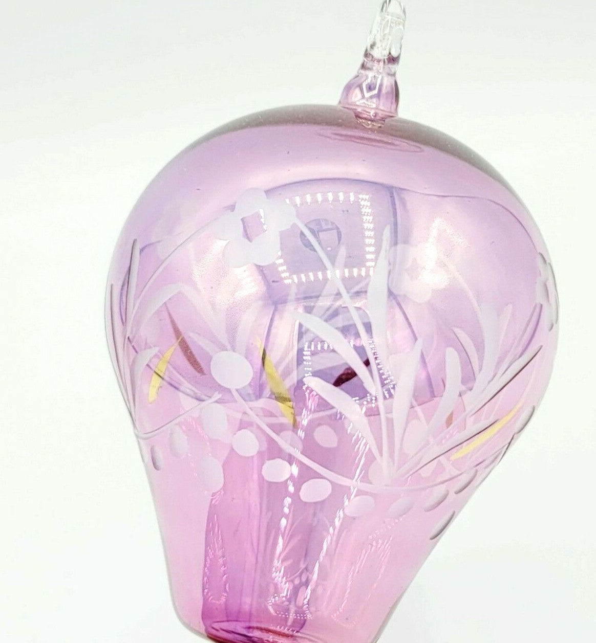 Hot Air Balloon Christmas Ornament Blown Glass 5 1/2" Pink Iridescent Gold