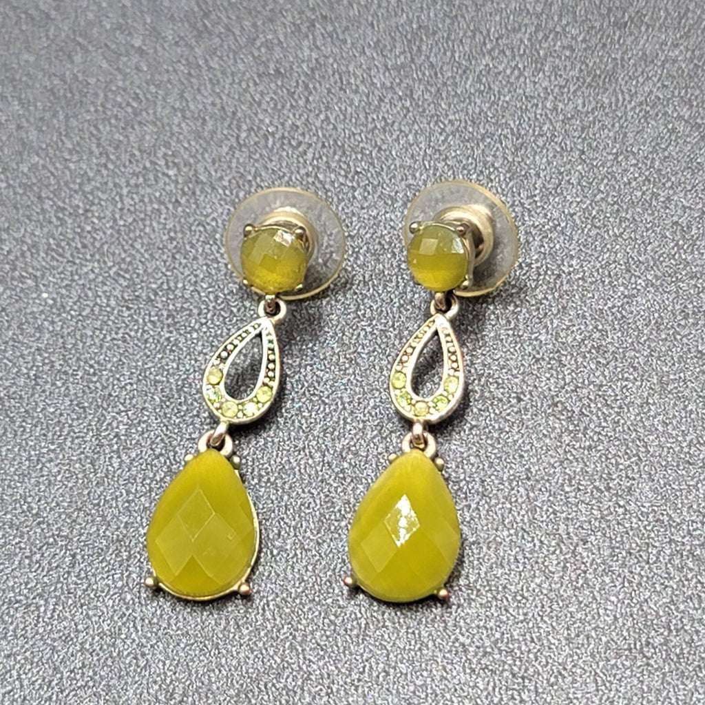 LC Pierced Earrings Silver tone Green Accents Rhinestone Dangle 1 3/8"