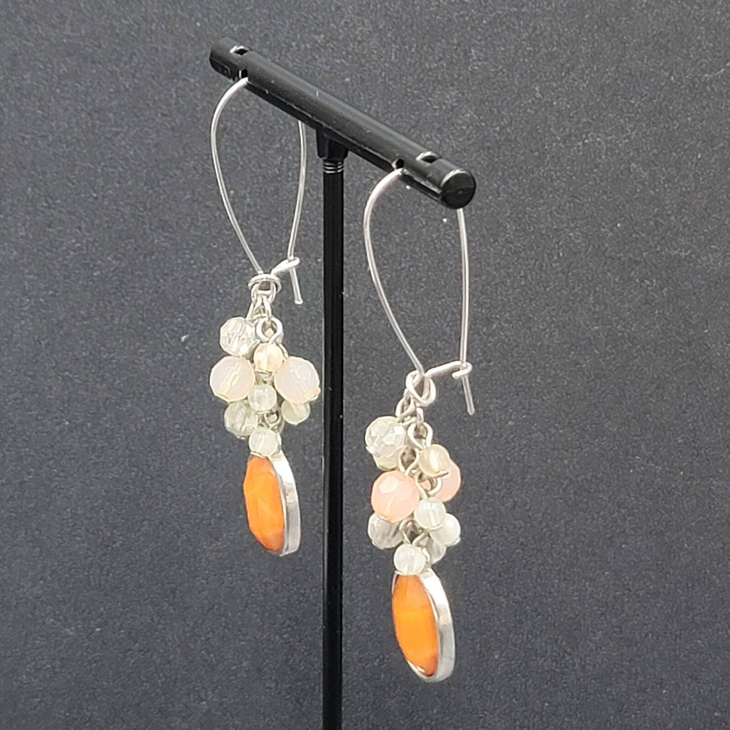 Pierced Earrings Silver tone Cluster Bead Orange Dangle 2.5"