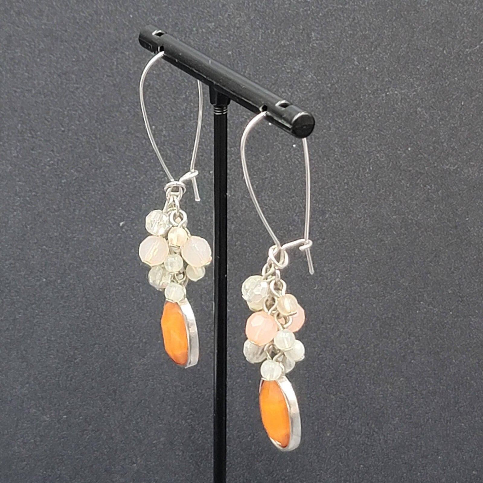 Pierced Earrings Silver tone Cluster Bead Orange Dangle 2.5"