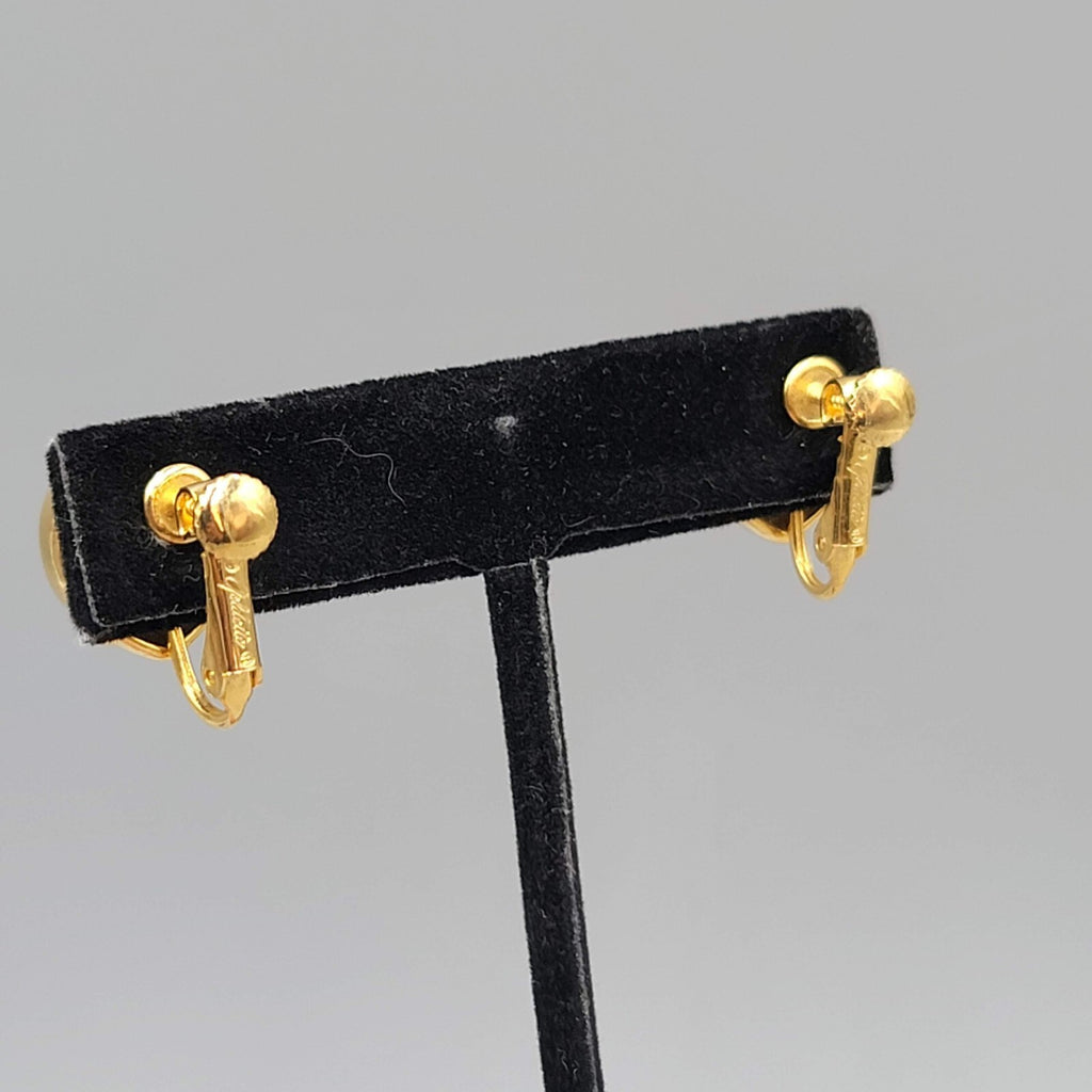 Vintage Goldette Heart Stud Clip on Earrings Gold Plated Rhinestone Center 1/2"