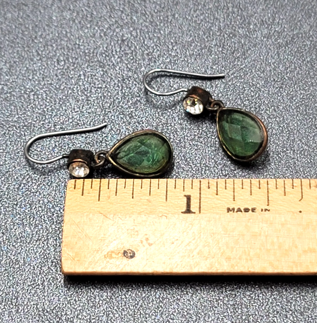 Pierced Earrings Bronze tone Green Faceted Teardrop Stone 3/4"