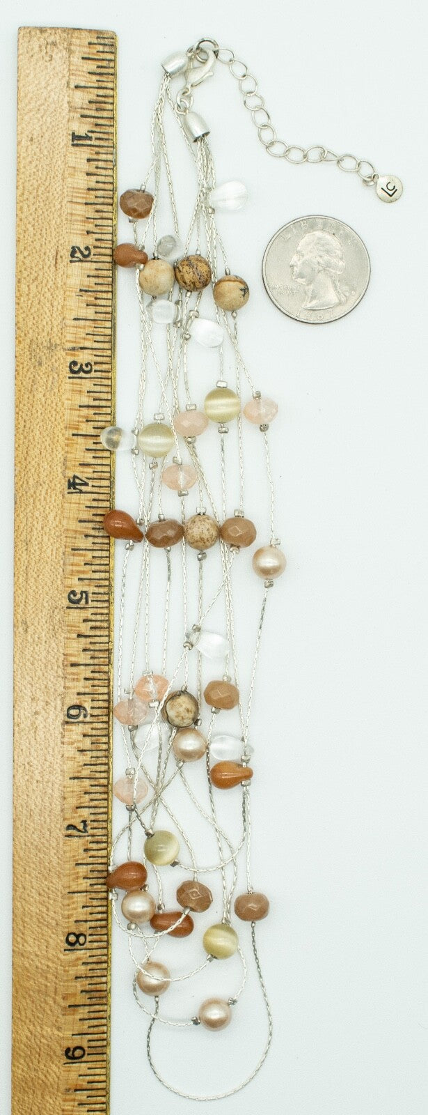 Liz Claiborne LC Necklace Multi Strand Cats Eye Agate Pearl Beads 16" - 18"