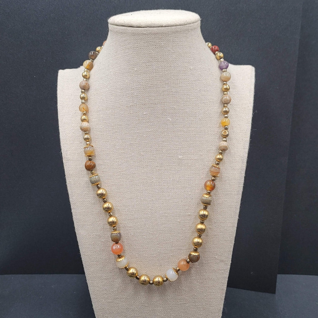 Multicolor Stone Bead Necklace Gold tone Spacers Hook Closure 22"
