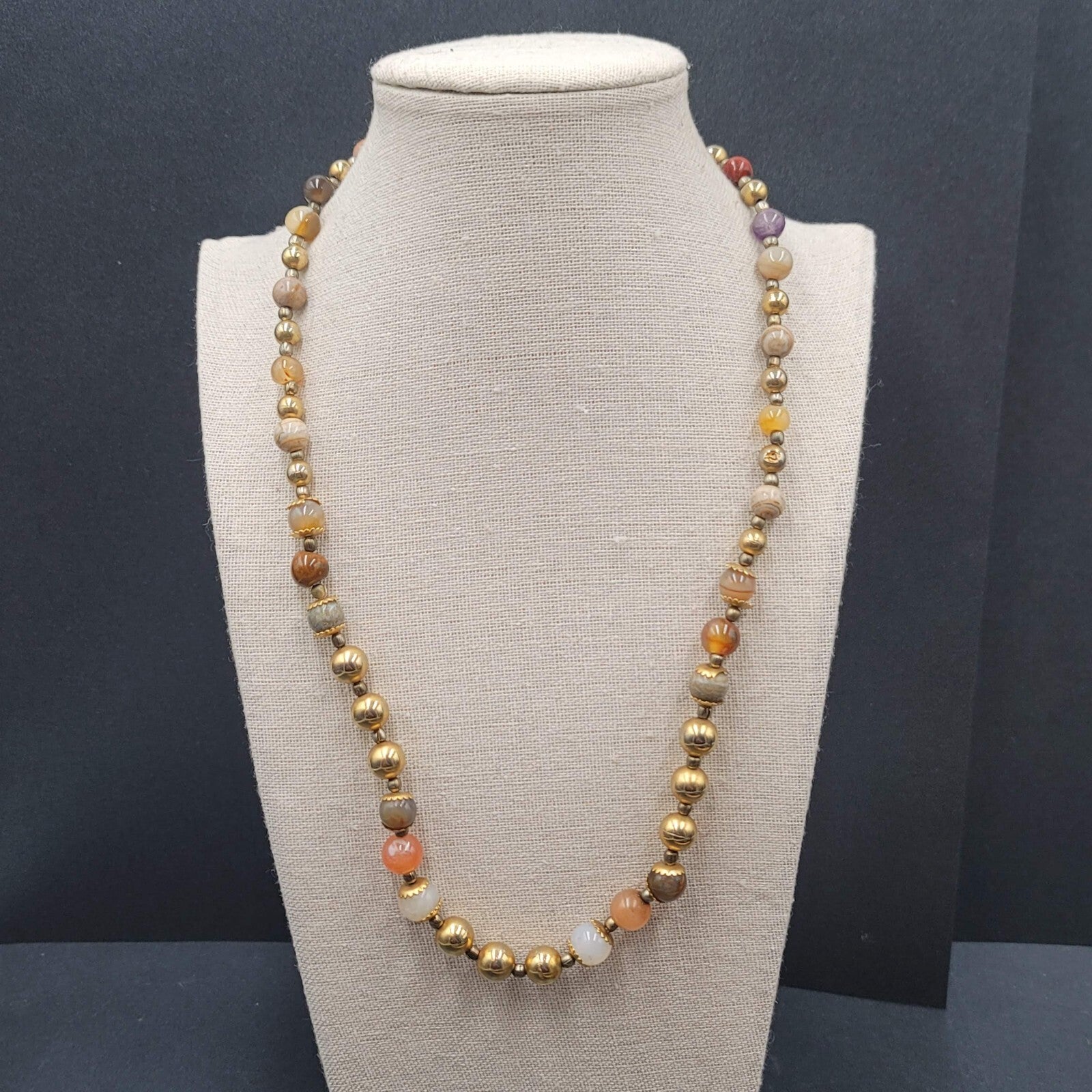 Multicolor Stone Bead Necklace Gold tone Spacers Hook Closure 22"