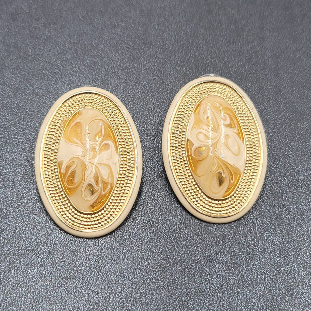 Vintage Pierced Earrings Gold tone Cream Swirl Enamel Long Oval Statement 1.75"