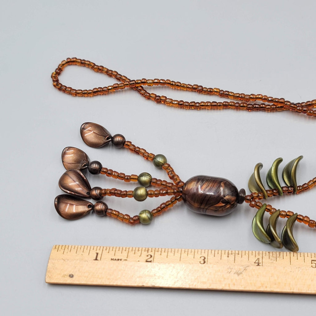 Tassel Bead Necklace Brown Green Resin and Glass Seed Beads 32"