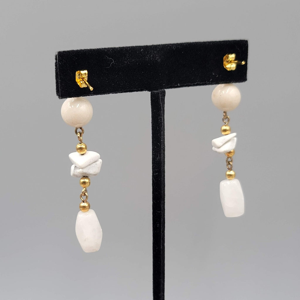 Vintage Pierced Earrings Gold tone White Stone Bead 2.25"