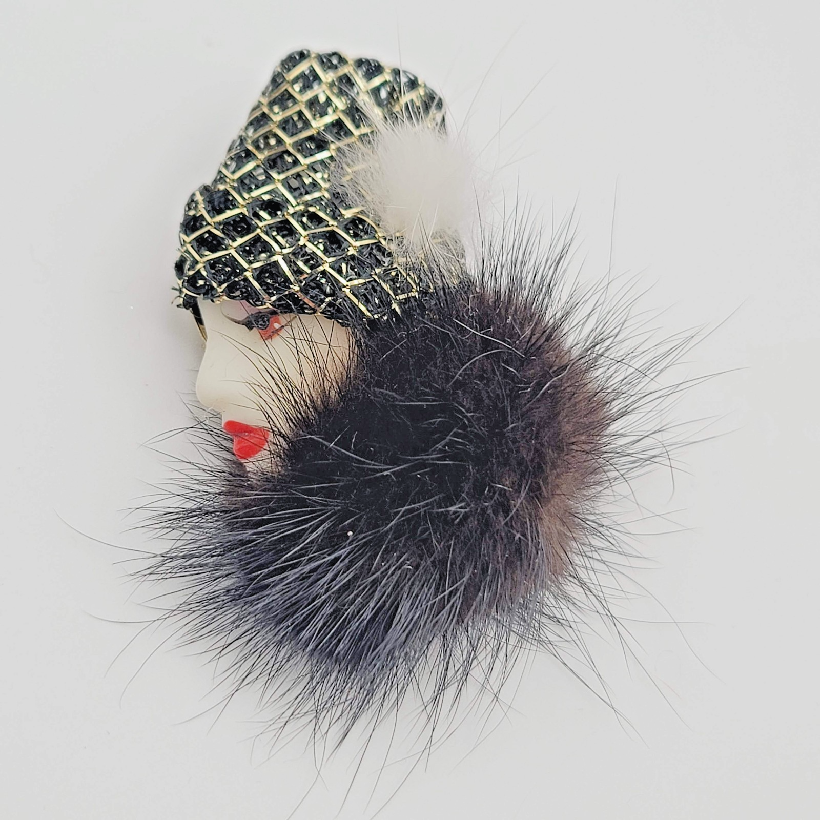 Vintage Black Mink Fur & Porcelain Hand Painted Lady Face Brooch Pin 1980’s