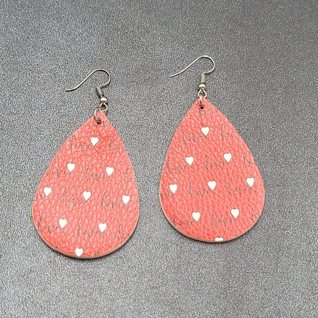 Love Pierced Earrings Faux Leather Valentines Day Teardrop Dangle 2.25"