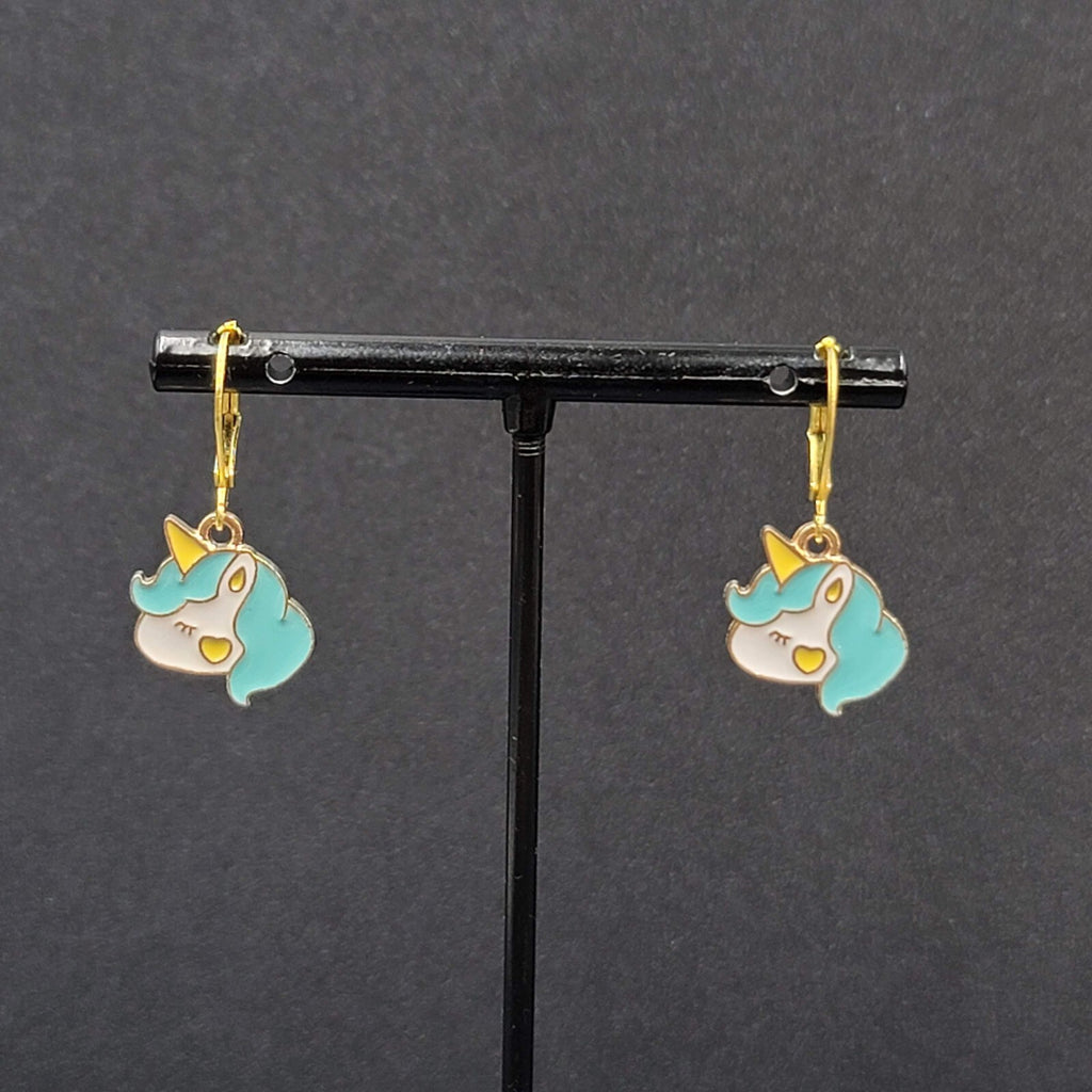 New Unicorn Pierced Earrings Blue Enamel Dangle Gold tone 5/8"
