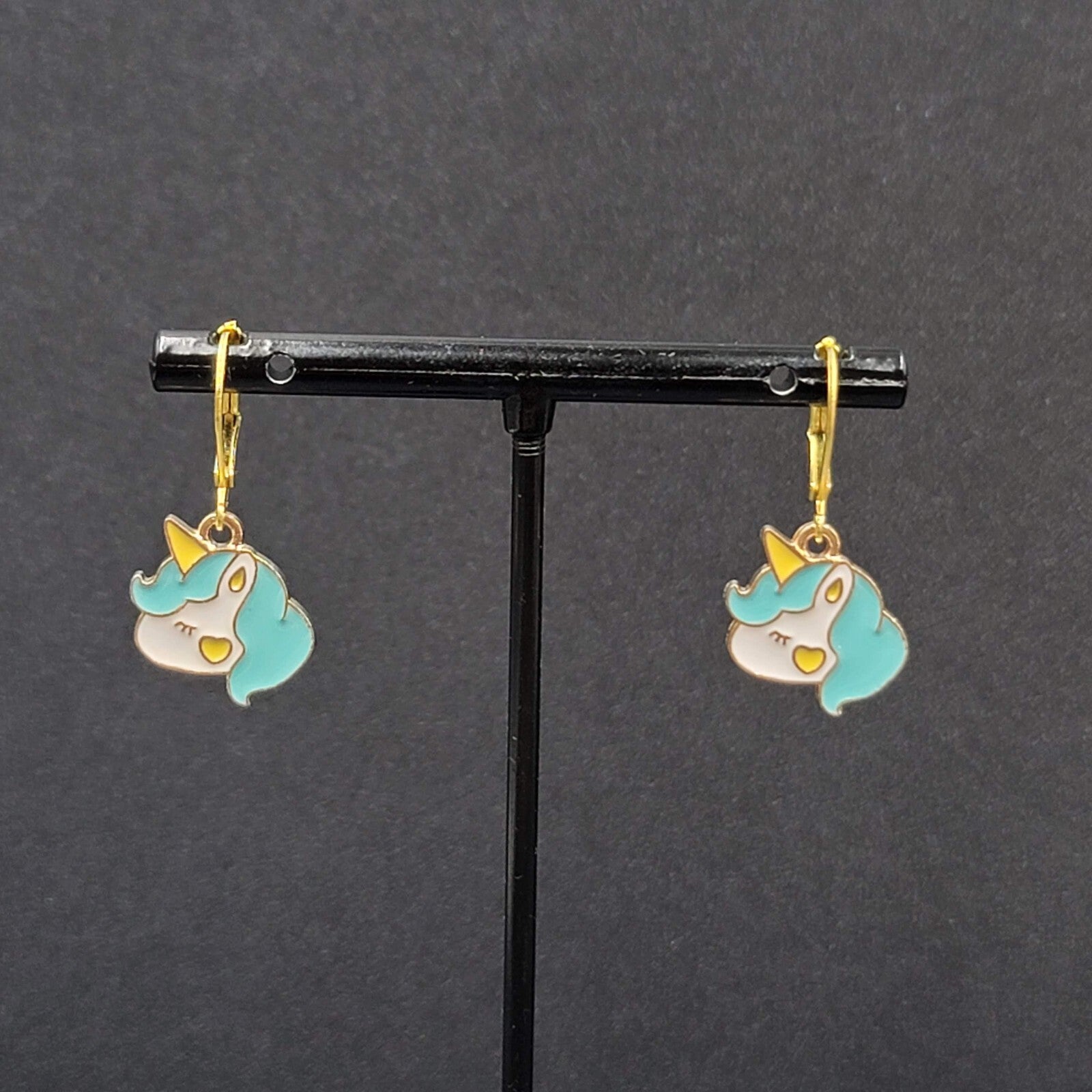 New Unicorn Pierced Earrings Blue Enamel Dangle Gold tone 5/8"