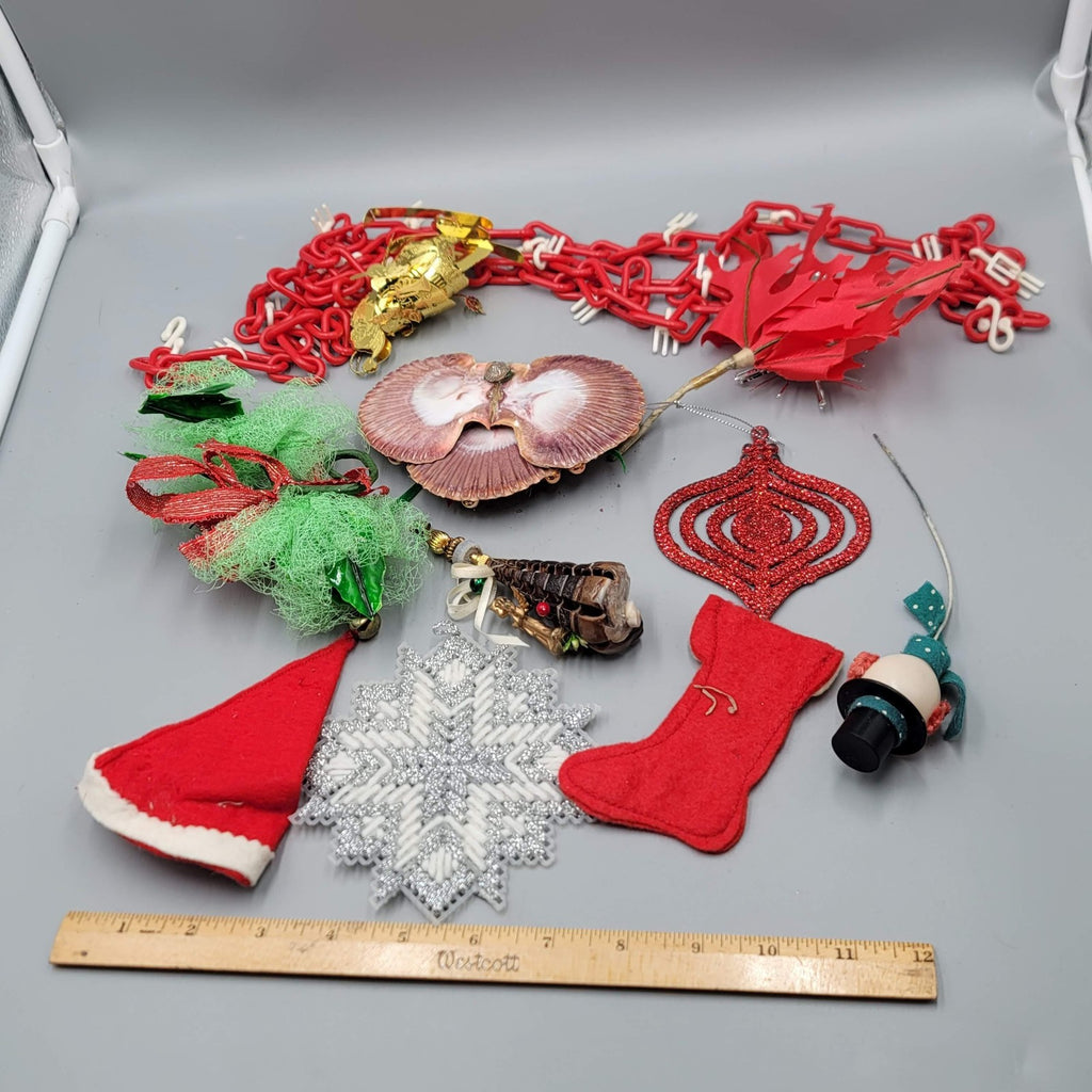 Vintage Christmas Ornaments Lot Red Plastic Chain Snowman Shell Angel