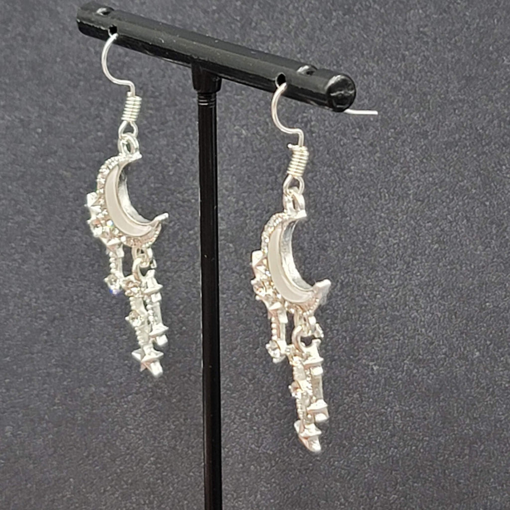 Moon Pierced Earrings Silver tone Crystal Rhinestone Dangle 1.5"