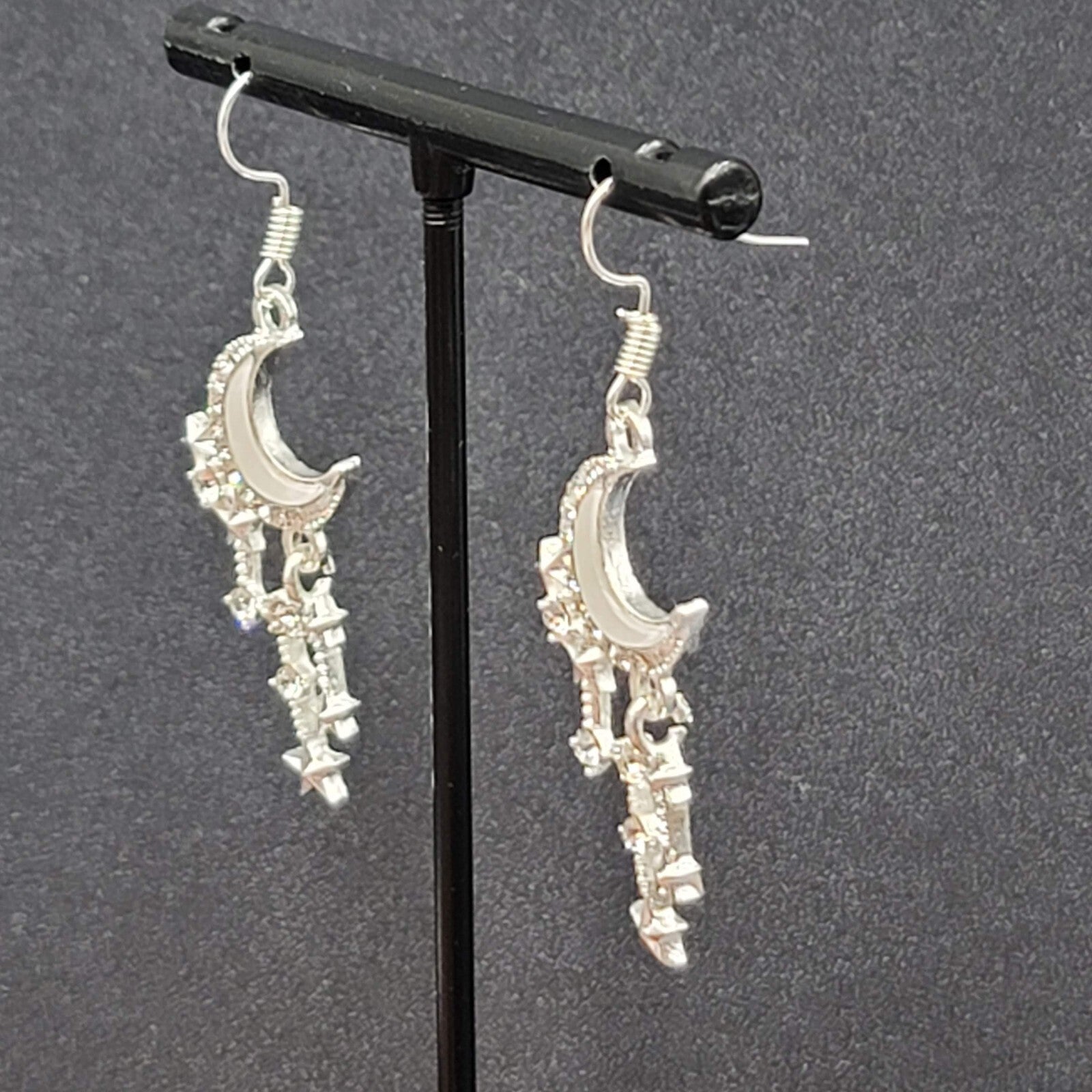 Moon Pierced Earrings Silver tone Crystal Rhinestone Dangle 1.5"