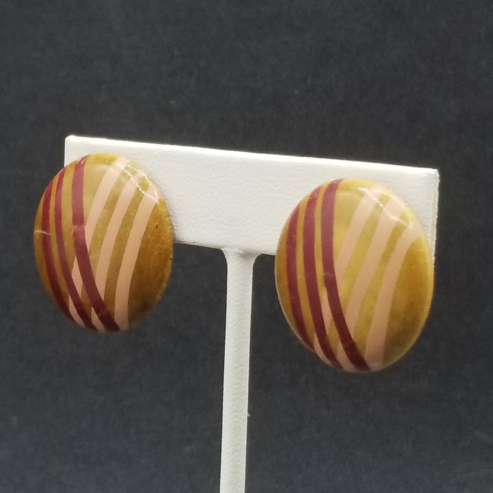 Vintage Clip on Earrings Pink Red Painted Wood Dome Button Statement Stud 1"