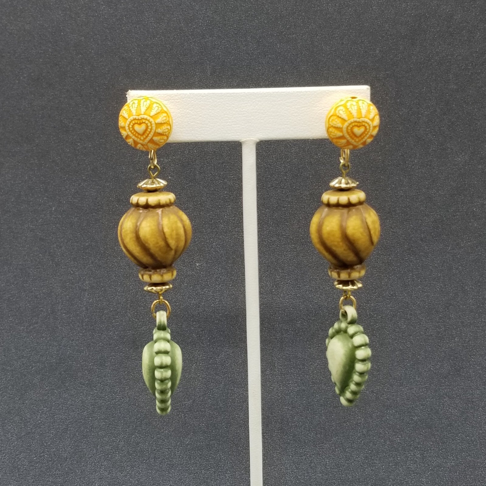 Pierced Earrings Neutral Color Beaded Large Statement Dangle 3 1/2"