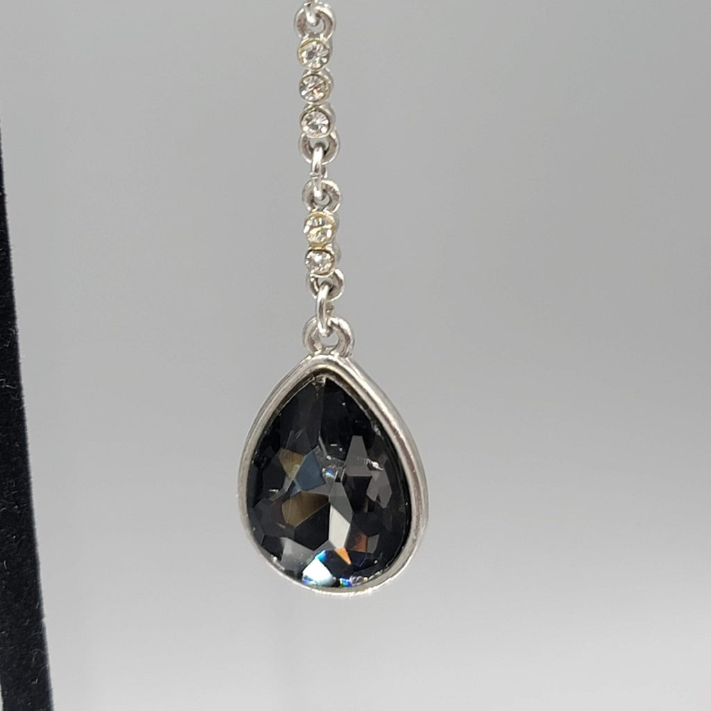 Long Pierced Earrings Smokey Teardrop Rhinestone Silver tone Dangle  3.5 in