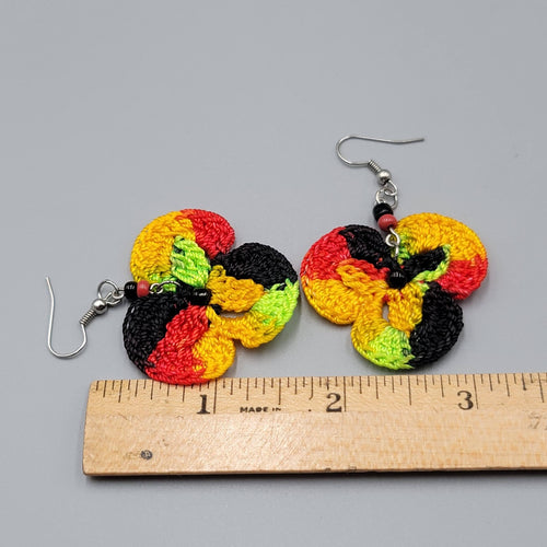 Crochet Pierced Earrings Red Black Yellow Green Dangle 1.5"