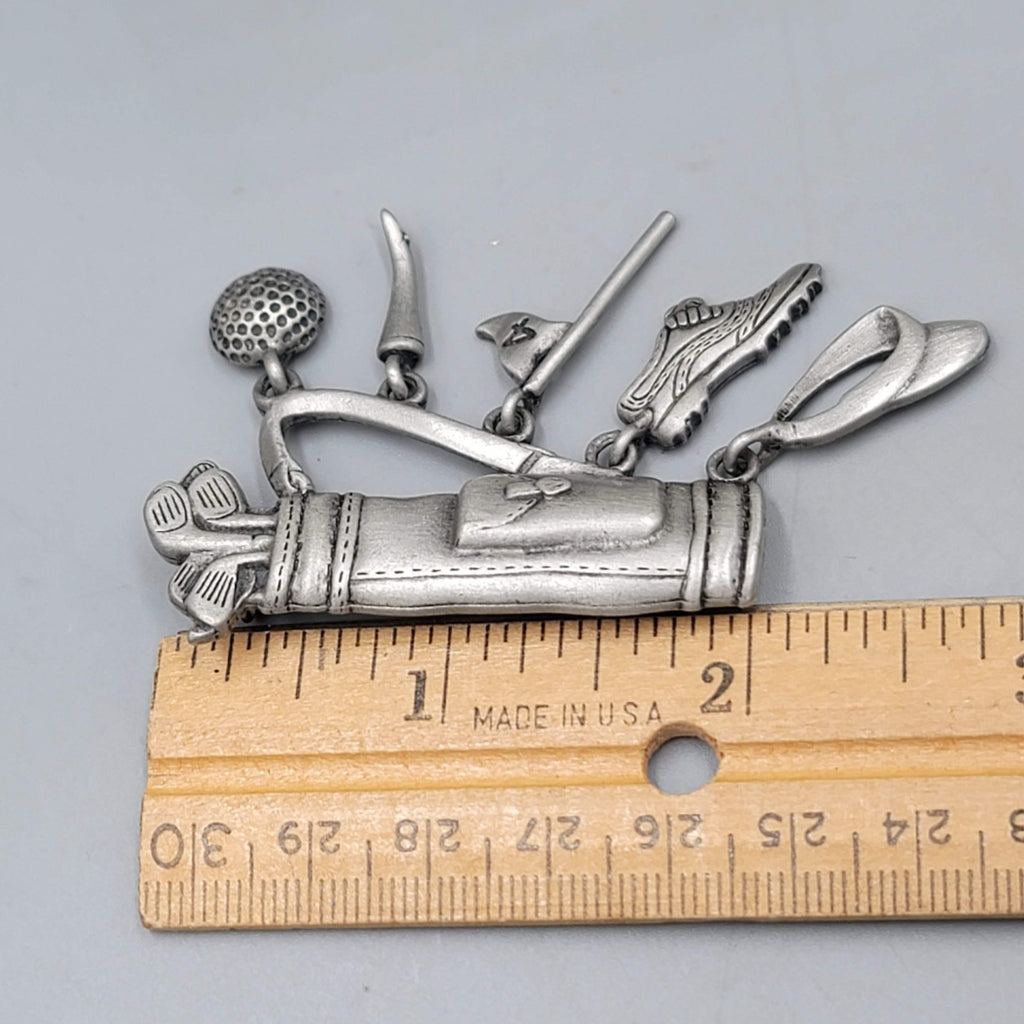 Vintage JJ Brooch Golf Clup Charms Silver tone Pewter 2 in