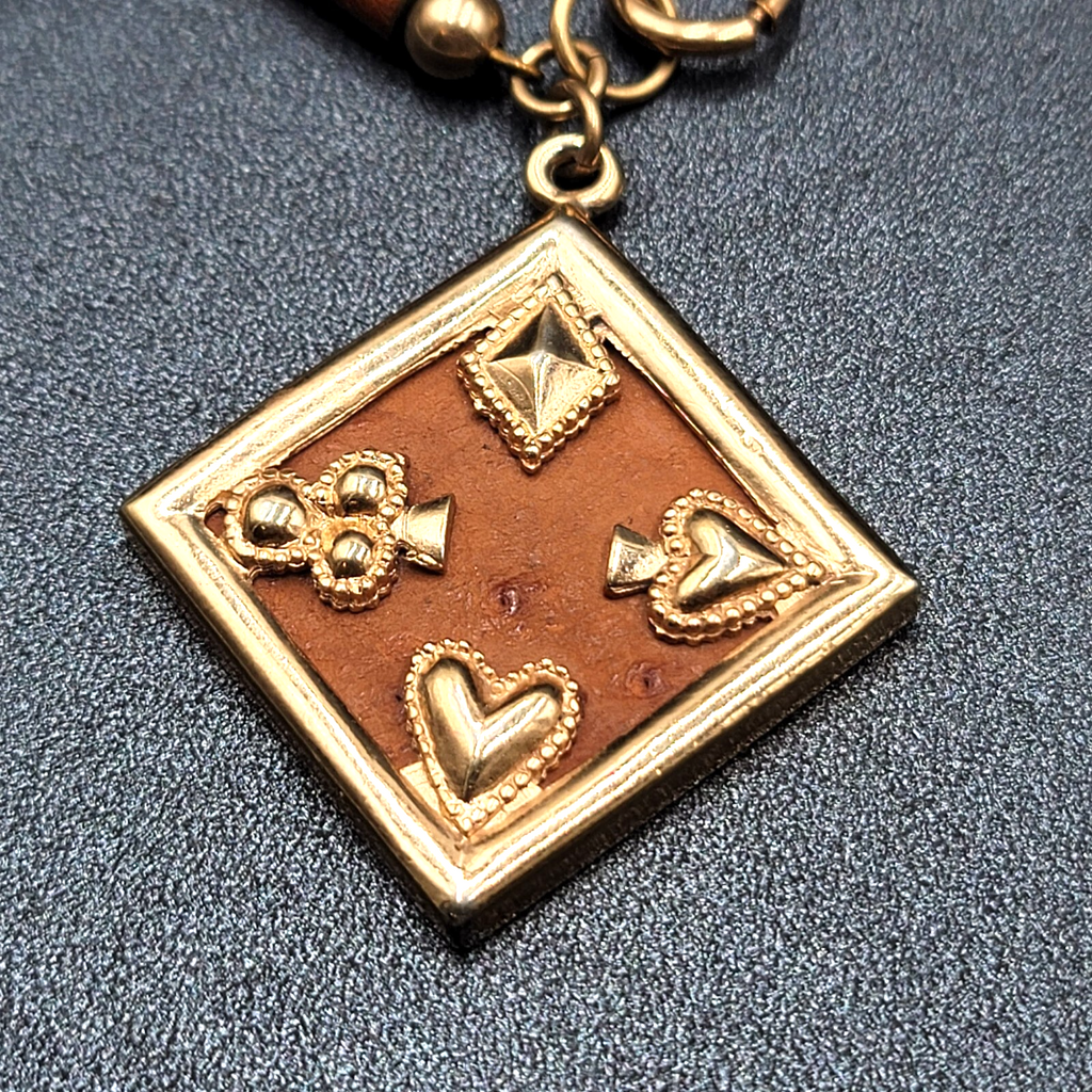 Vintage Bracelet Gold tone Brown Ostrich Leather Ace Clover Diamond Heart 7.5"