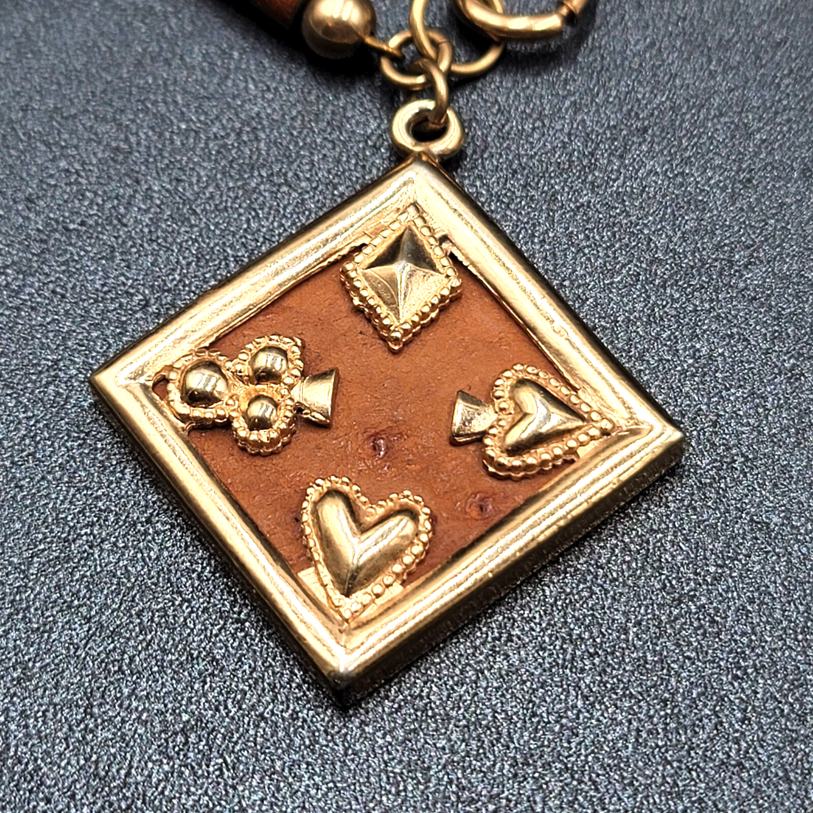Vintage Bracelet Gold tone Brown Ostrich Leather Ace Clover Diamond Heart 7.5"