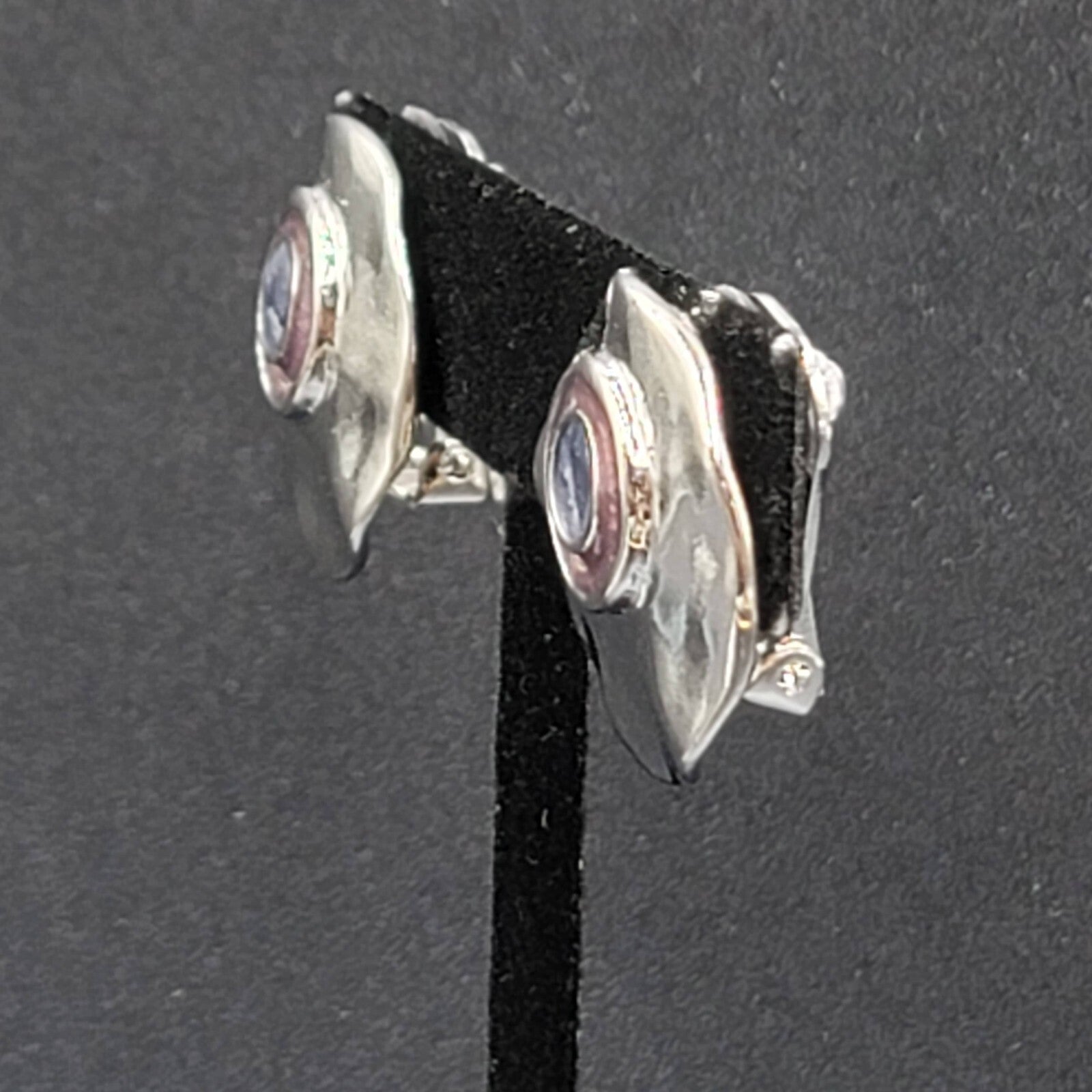 Vintage Clip on Earrings Polished Silver Plated Purple Enamel Round 1"