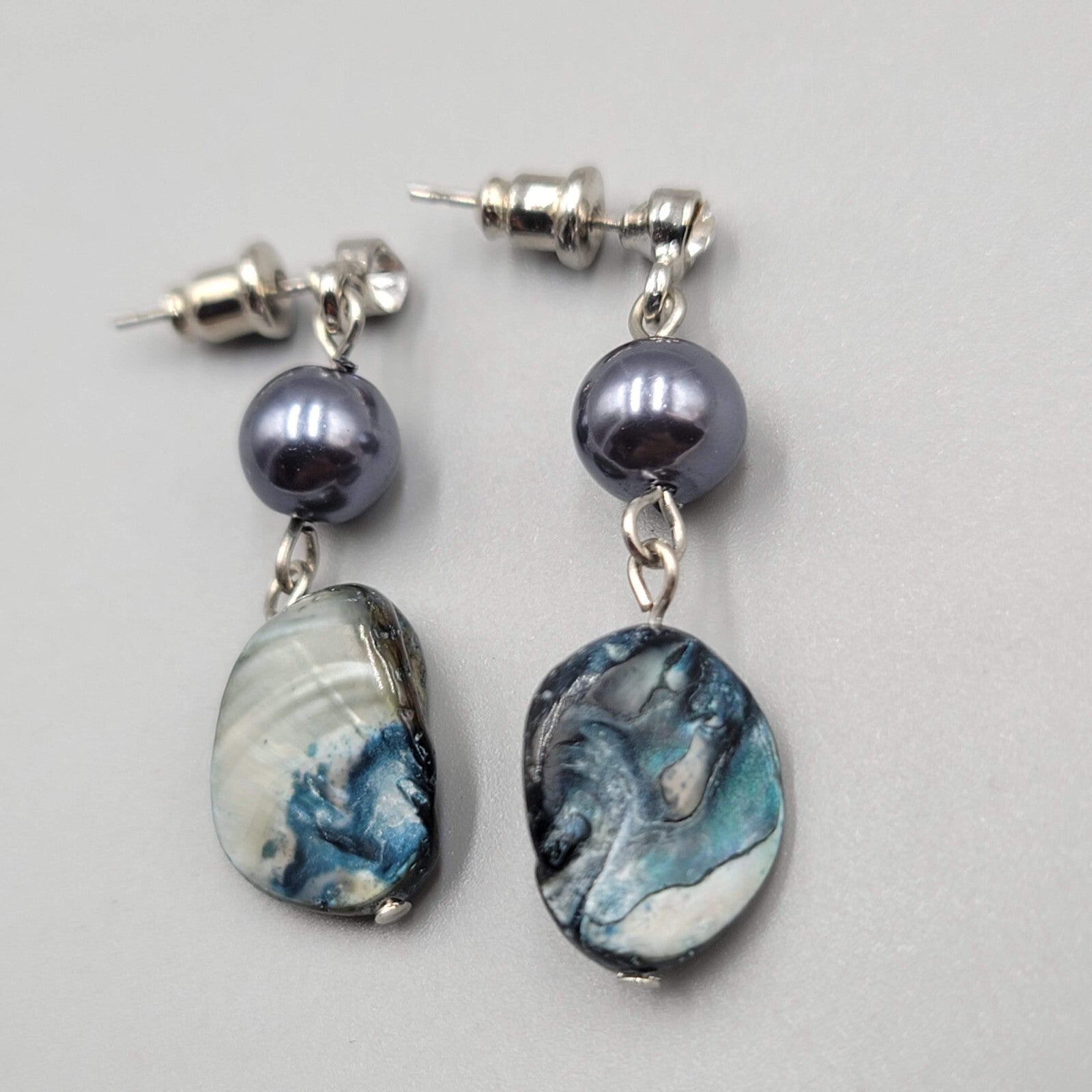 Pearl Blue Shell Pierced Earrings Silver tone Dangle 1.5"