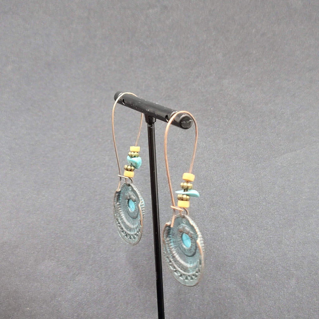 Boho Pierced Earrings Copper tone Faux Turquoise Dangle 2.25"