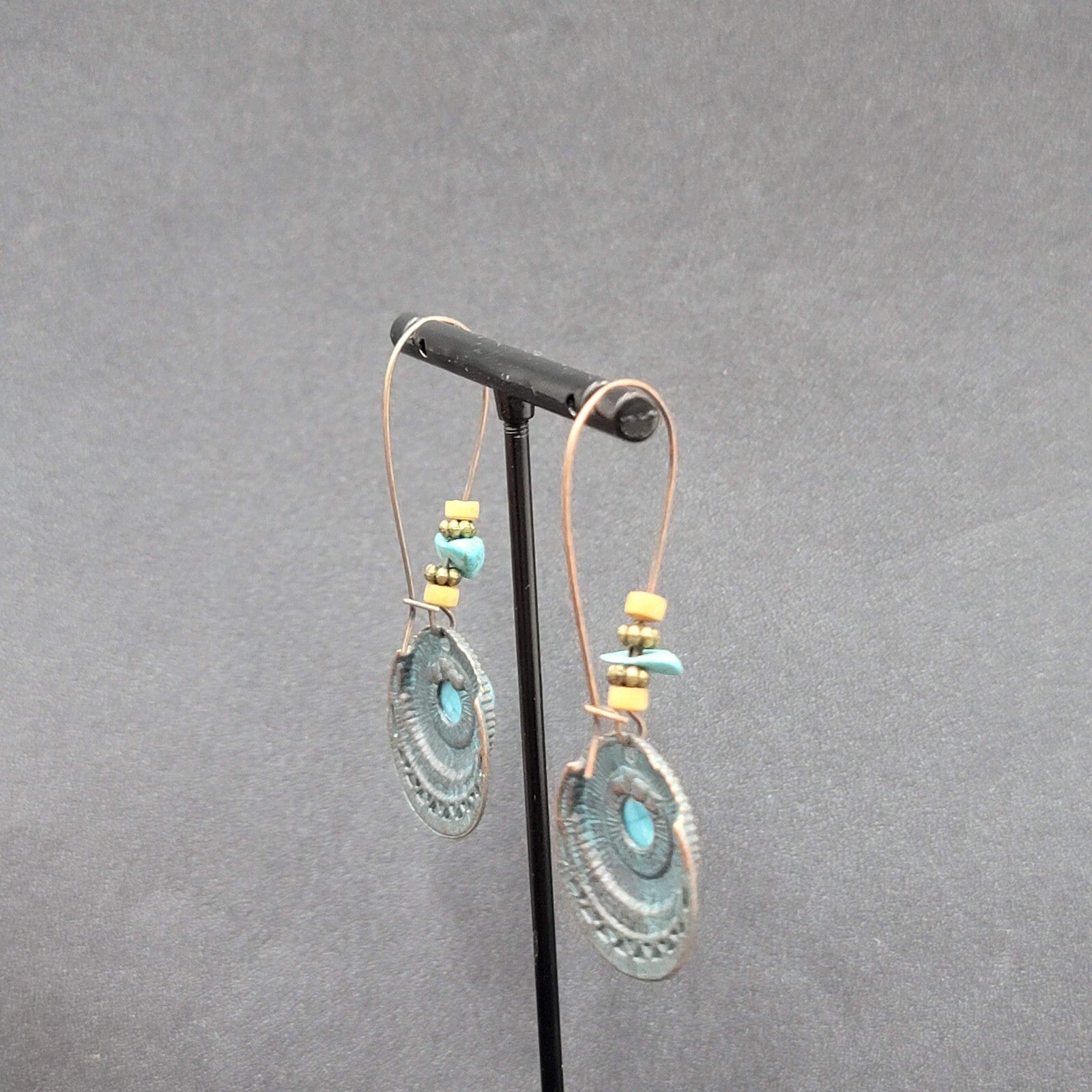 Boho Pierced Earrings Copper tone Faux Turquoise Dangle 2.25"