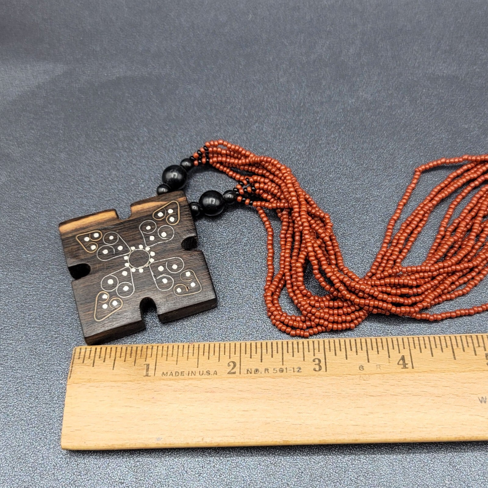 Artisan Boho Necklace Dark Red Seed Bead Wood Inlay Pendant Ethnic 18"