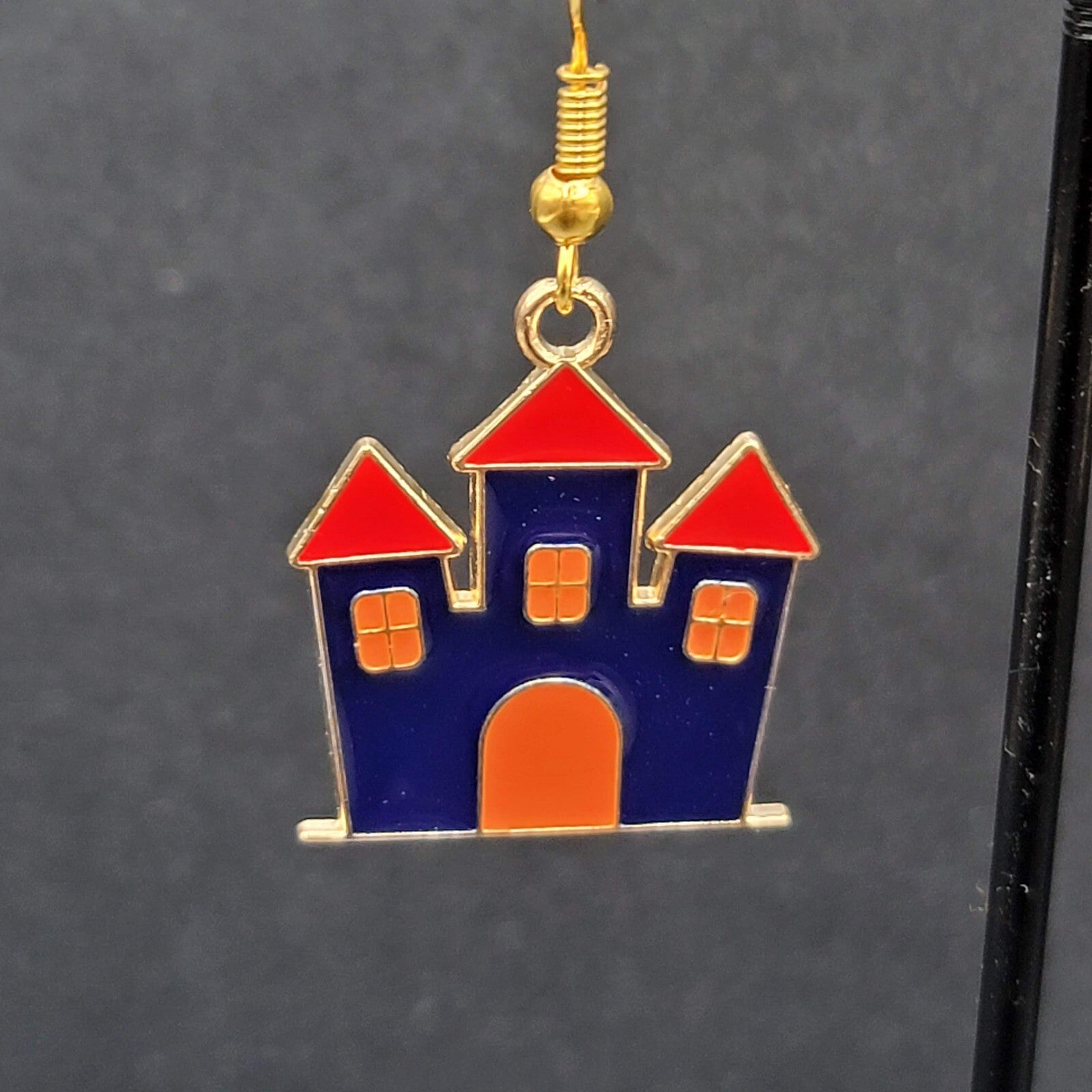 Purple Haunted House Halloween Pierced Earrings Gold tone Enamel Dangle 1"