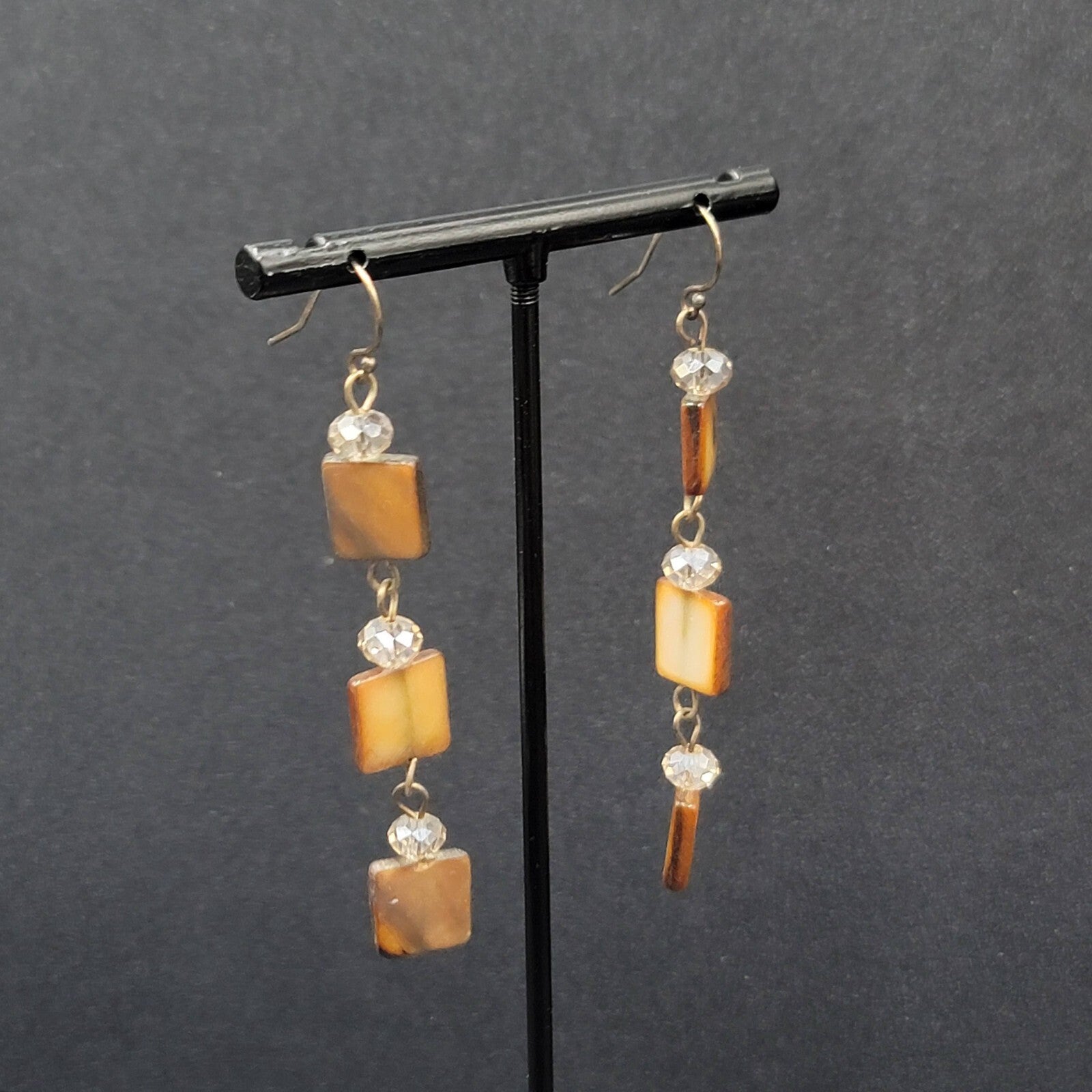 Pierced Earrings Brown Square Seashell Beads Dangle 2 3/8"