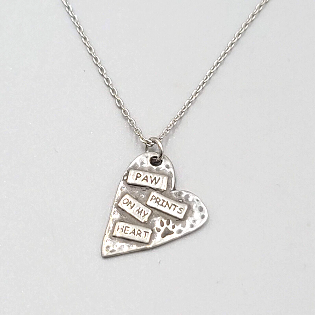 Paw Prints on my Heart Pendant Necklace Silver tone Chain 18"