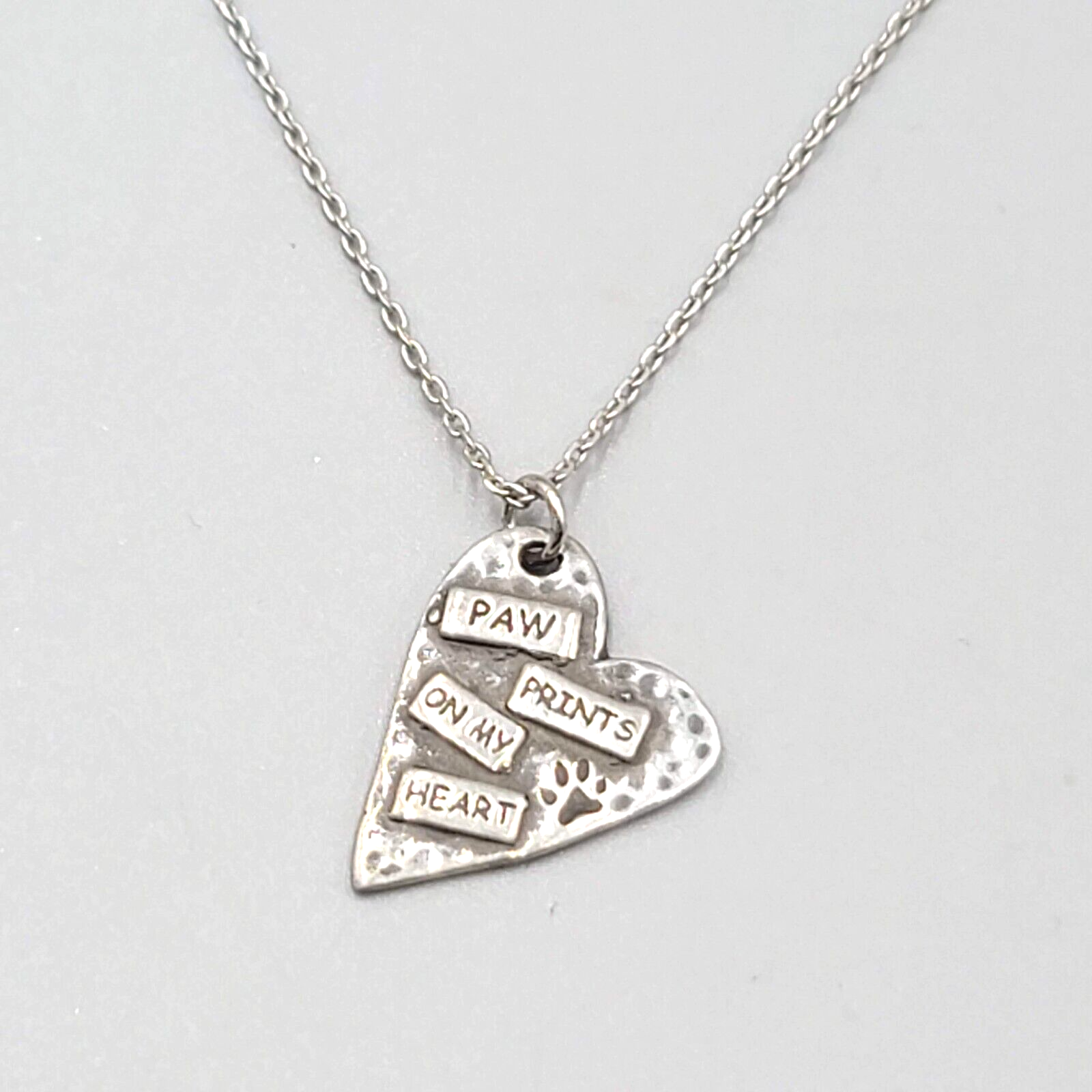 Paw Prints on my Heart Pendant Necklace Silver tone Chain 18"