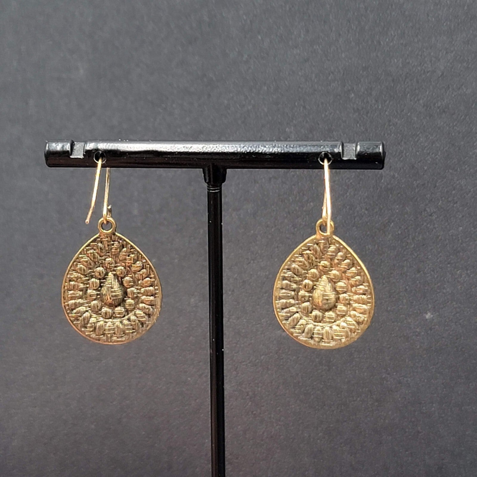 Boho Pierced Earrings Gold tone Teardrop Medallion Dangle 1"