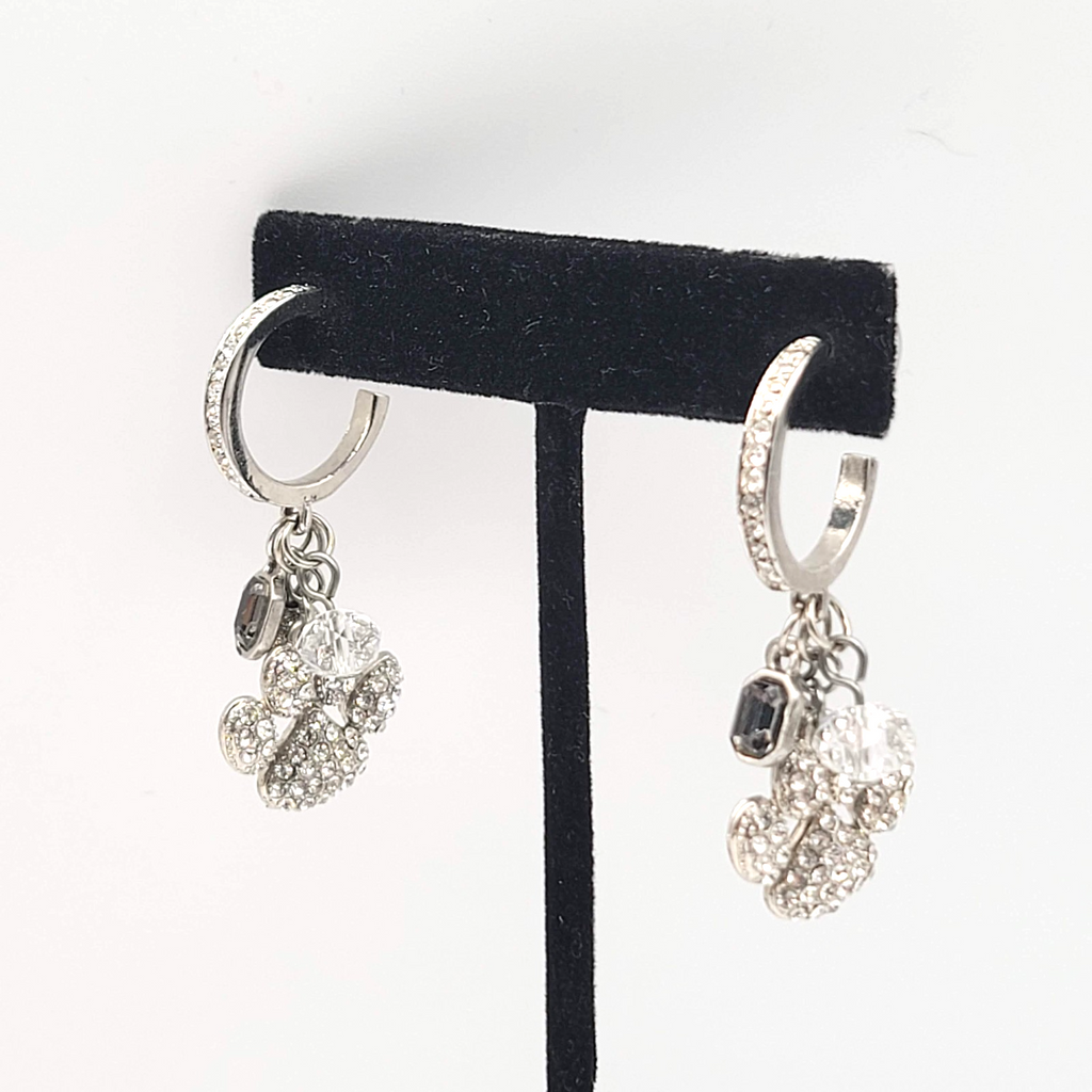 Puppy Paw Crystal Rhinestone Pierced Earrings  Silver tone Dangle Bead 1.75 in