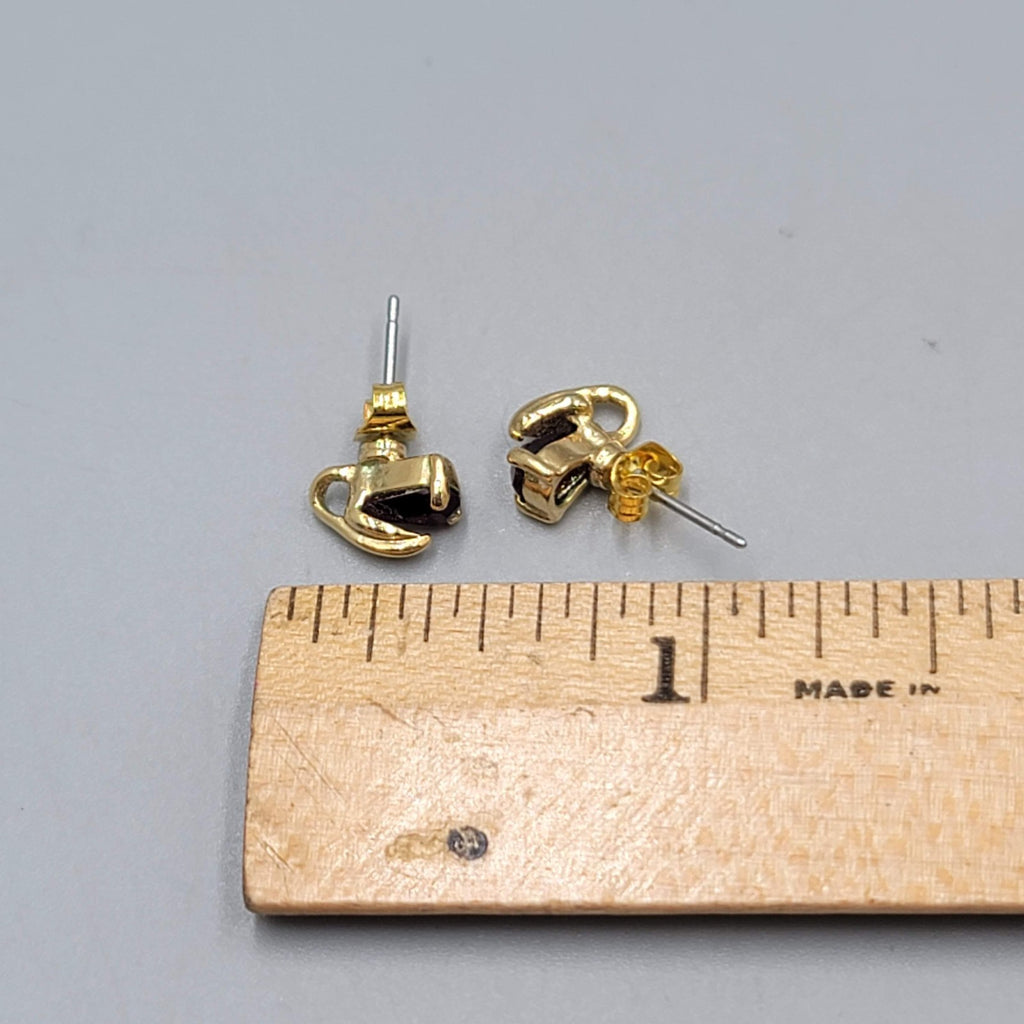 Stud Pierced Earrings Gold Plated Dark Red Stone 3/8"