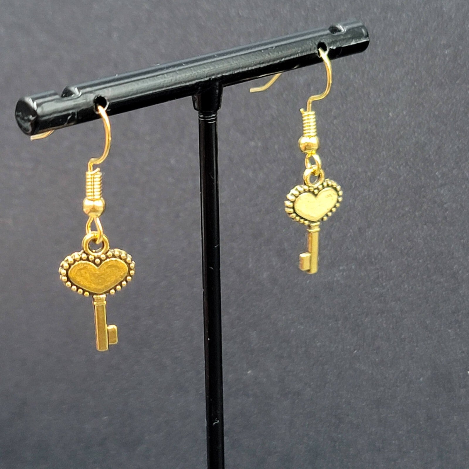 New Ornate Heart Skeleton Key Pierced Earrings Gold tone Dangle 5/8"