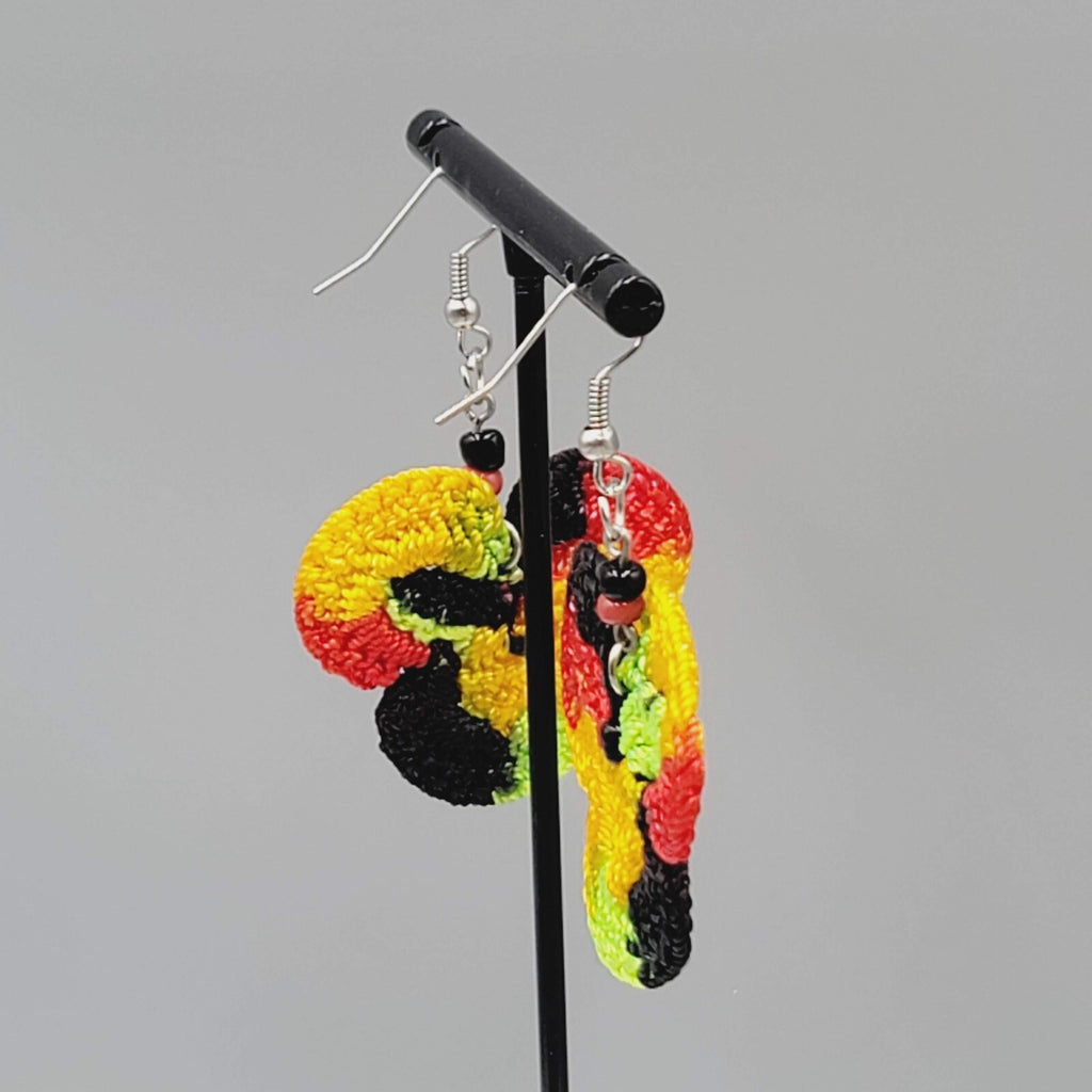 Crochet Pierced Earrings Red Black Yellow Green Dangle 1.5"