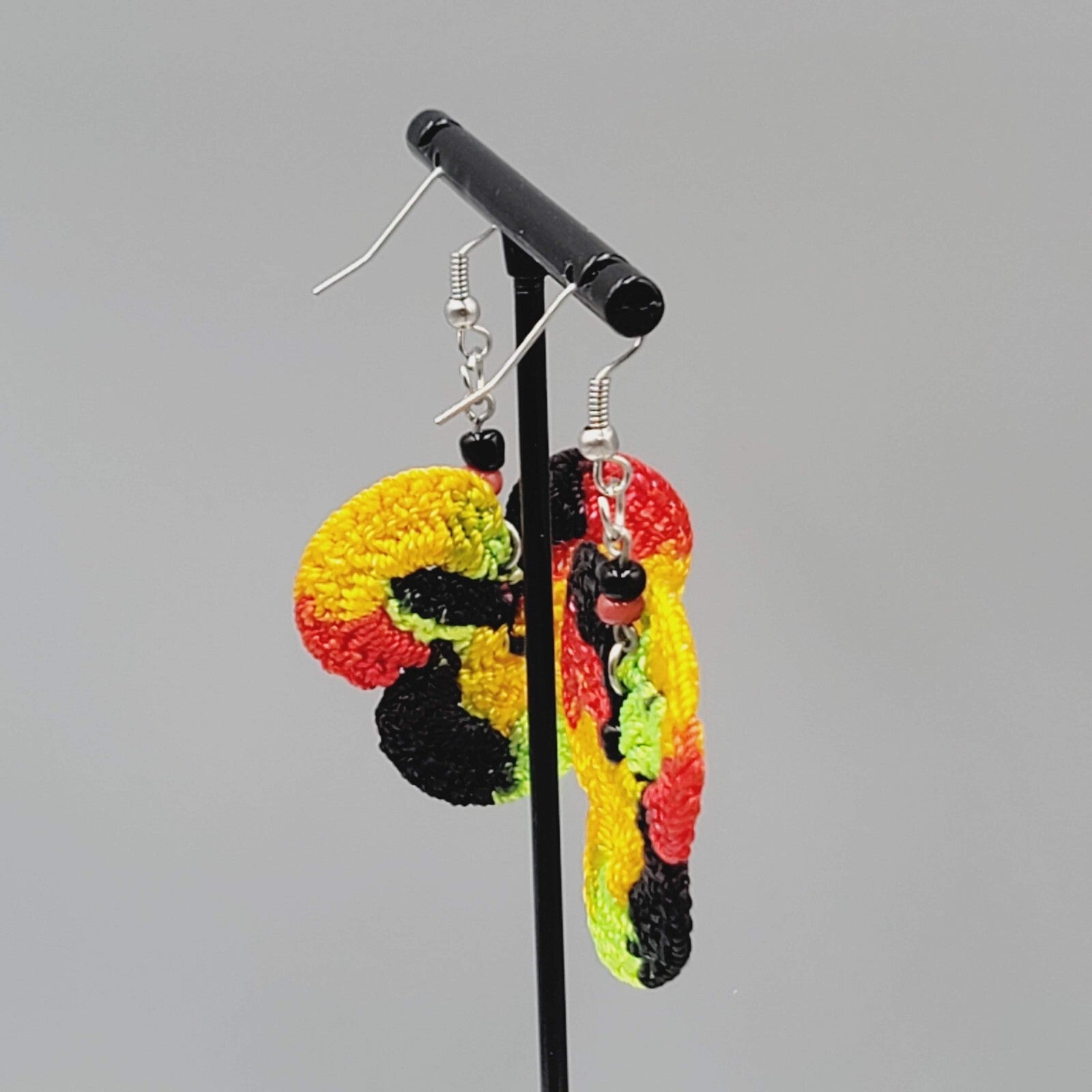 Crochet Pierced Earrings Red Black Yellow Green Dangle 1.5"